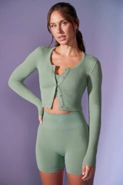 Frame - Cropped Rib Cardigan In Sage