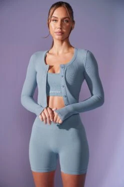 Frame - Cropped Rib Cardigan In Denim Blue