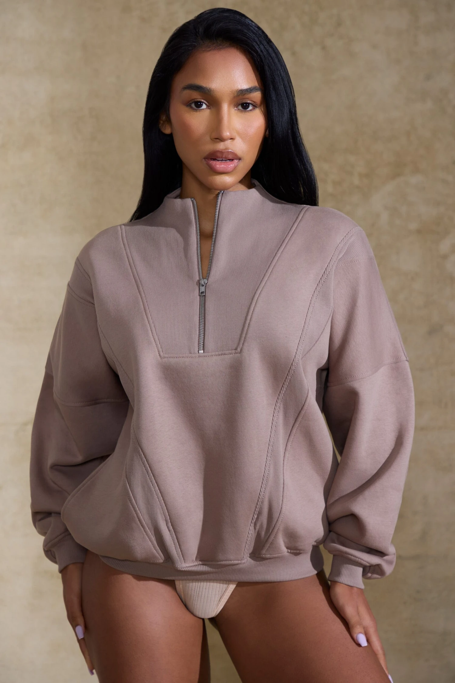 Comfort Zone - Oversized Half Zip Sweatshirt In Brown - Image 5