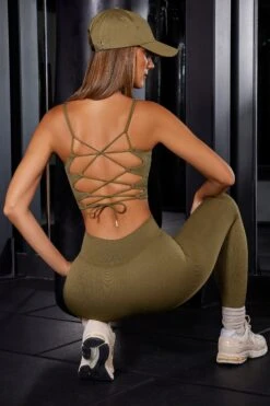 Full Focus - Open Back Plunge Neck Sports Bra In Olive