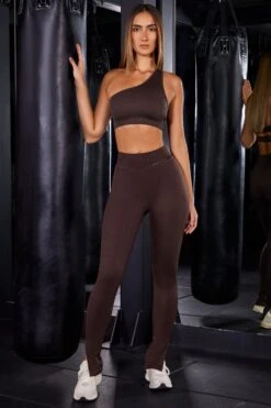 All Fired Up - High Waist Split Flare Ribbed Leggings In Brown