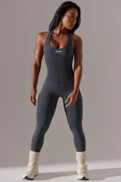 Committed - Plunge Neck Cut Out Back Jumpsuit In Grey