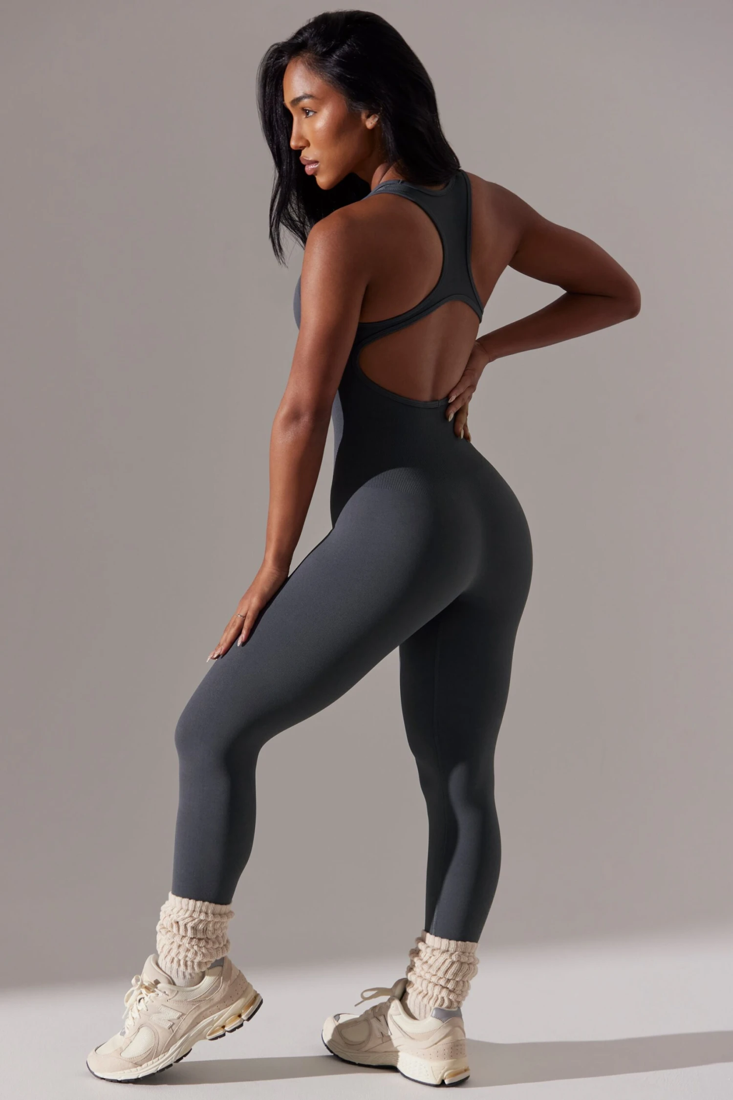 Committed - Plunge Neck Cut Out Back Jumpsuit In Grey - Image 7