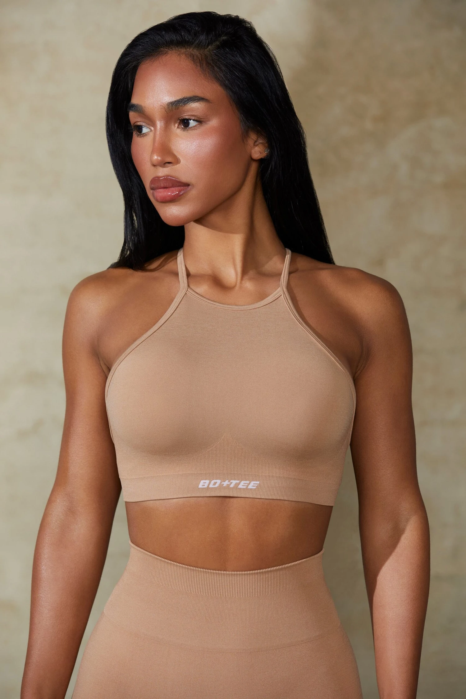 Flex - High Neck Open Back Define Luxe Sports Bra In Warm Taupe - Image 3