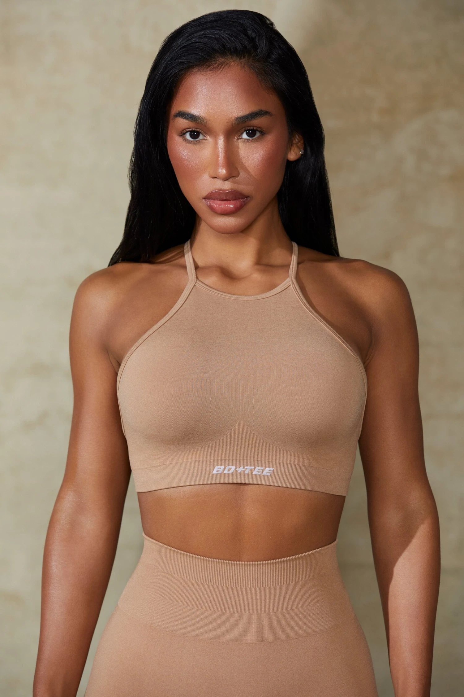 Flex - High Neck Open Back Define Luxe Sports Bra In Warm Taupe - Image 5