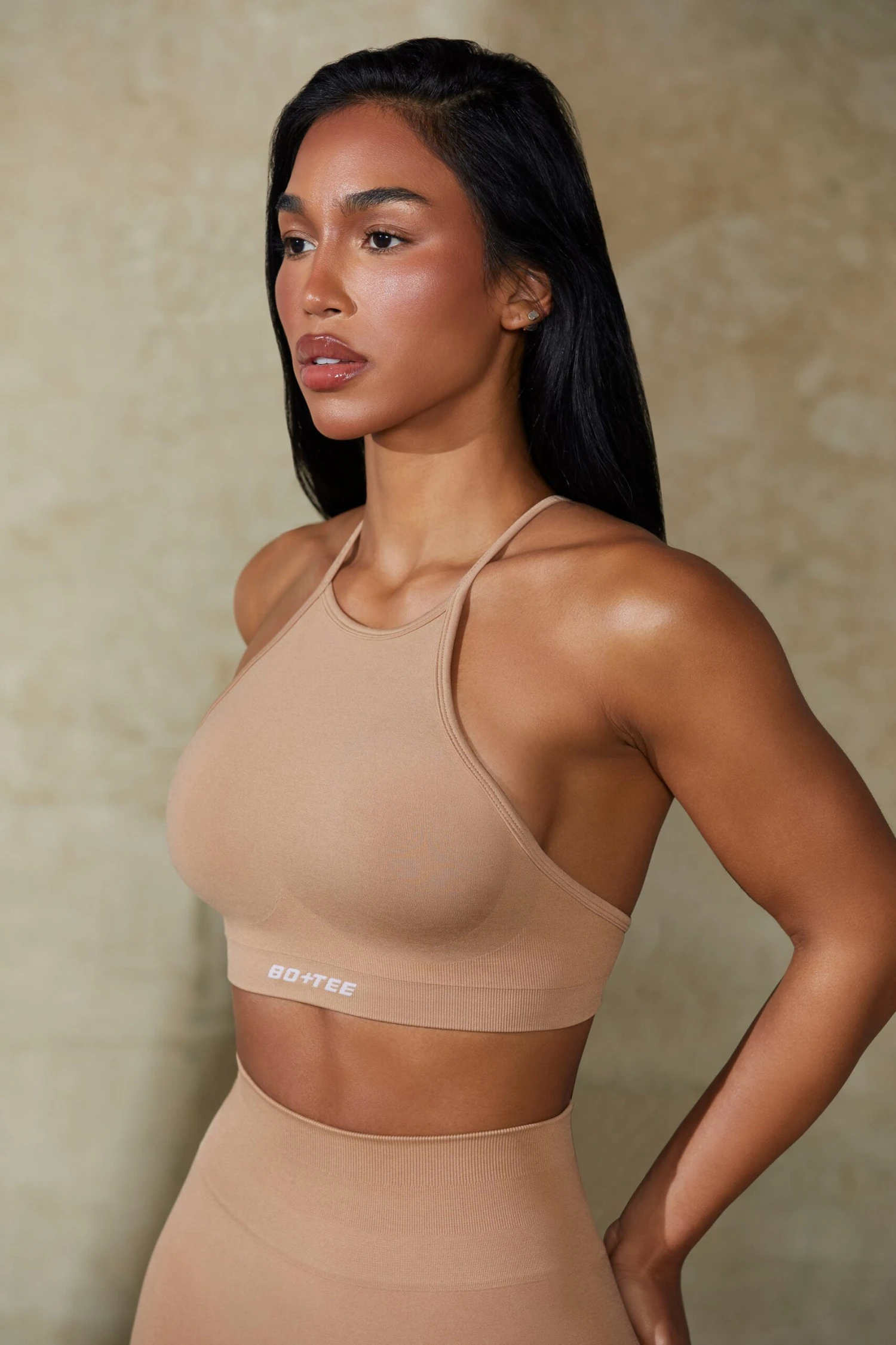 Flex - High Neck Open Back Define Luxe Sports Bra In Warm Taupe - Image 2