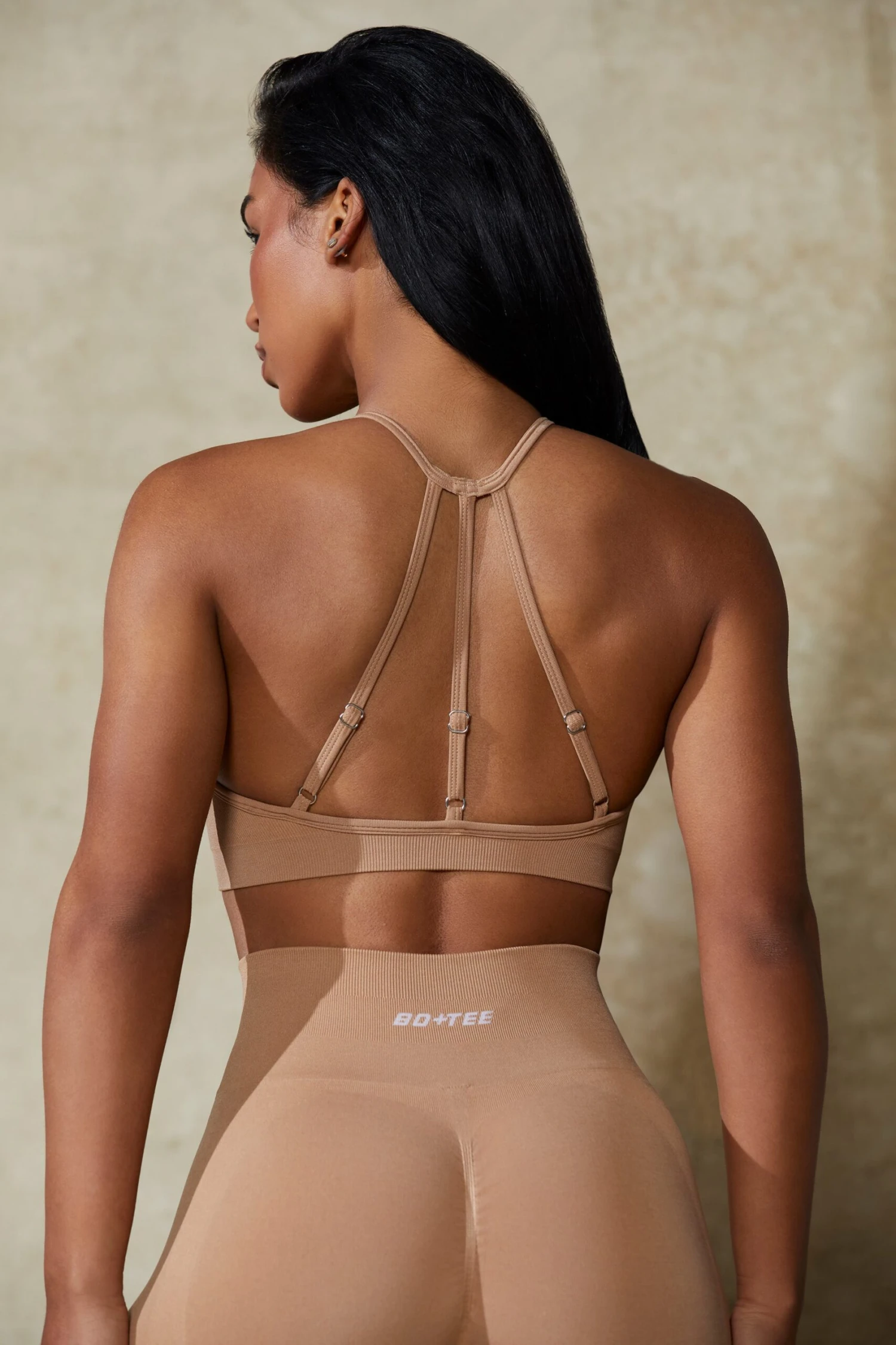 Flex - High Neck Open Back Define Luxe Sports Bra In Warm Taupe - Image 4