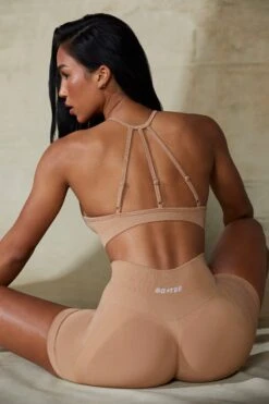 Flex - High Neck Open Back Define Luxe Sports Bra In Warm Taupe