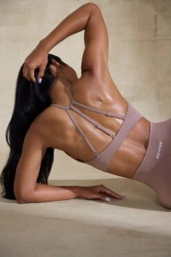 Flex - High Neck Open Back Define Luxe Sports Bra In Mocha