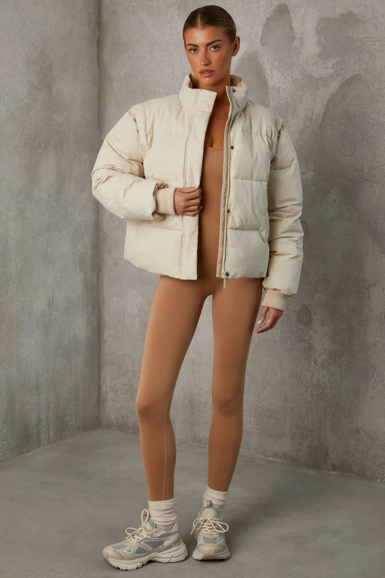 Essential - Cropped Puffer Jacket With Detachable Sleeves In Sand - Image 13