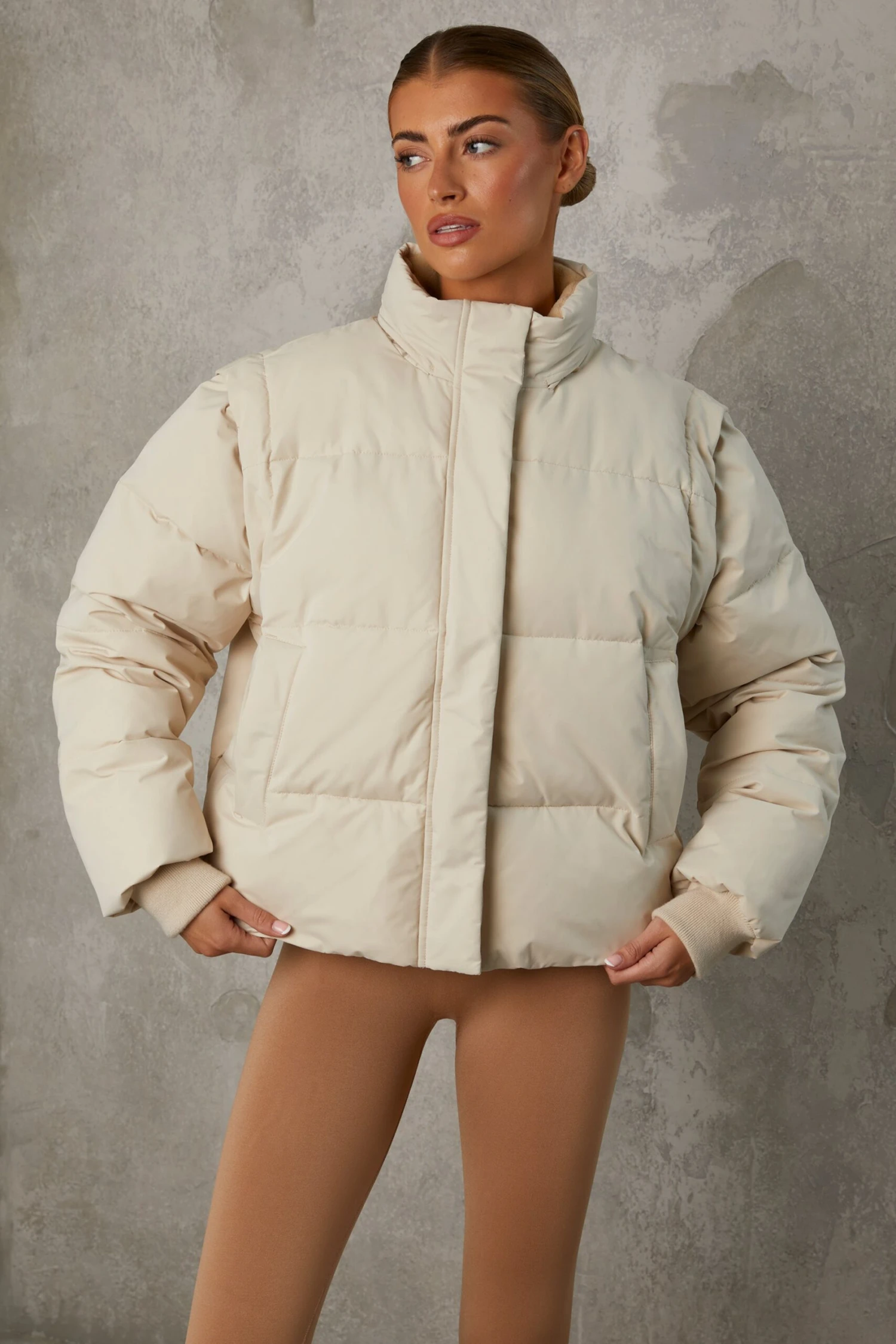 Essential - Cropped Puffer Jacket With Detachable Sleeves In Sand - Image 7