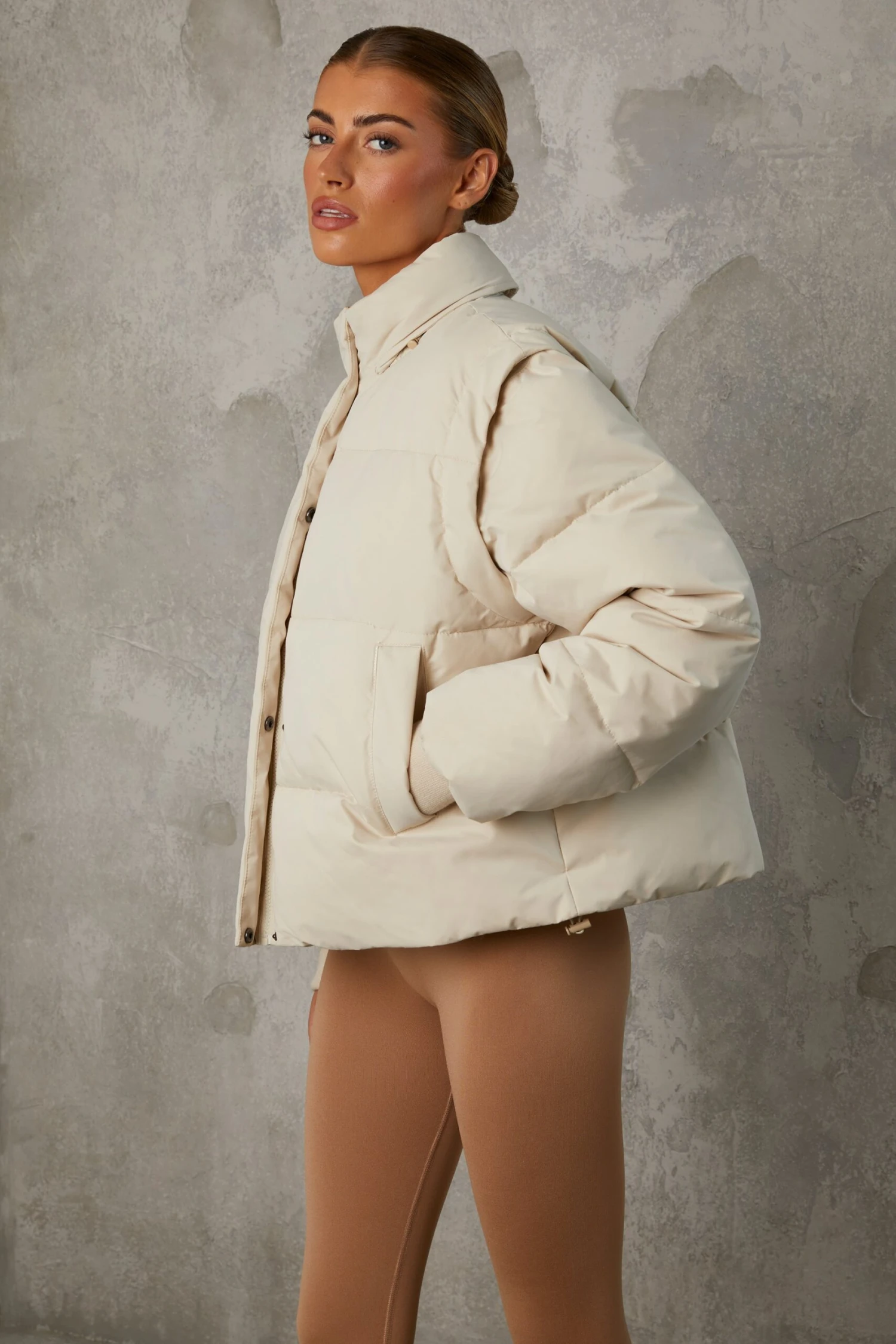 Essential - Cropped Puffer Jacket With Detachable Sleeves In Sand - Image 8