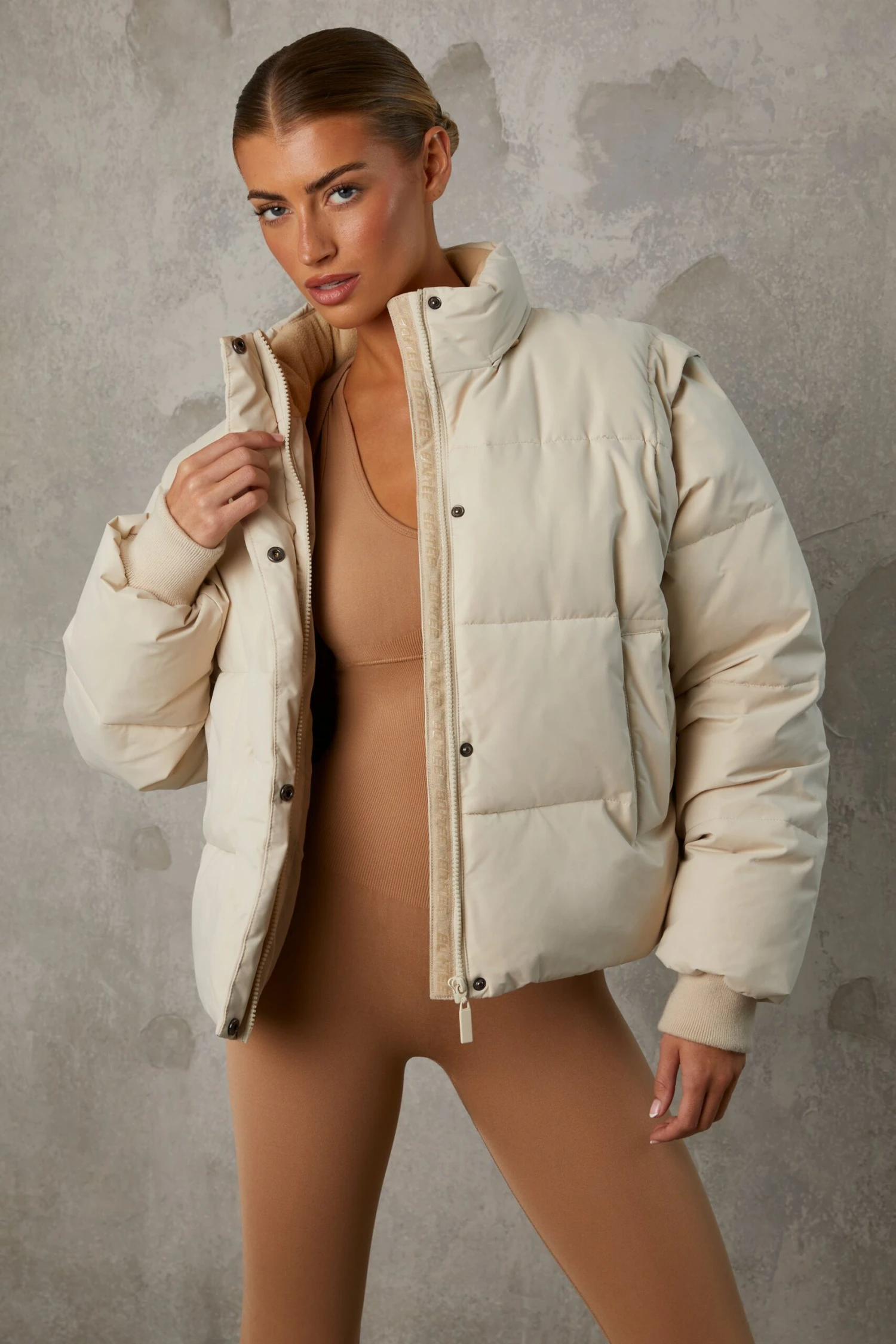 Essential - Cropped Puffer Jacket With Detachable Sleeves In Sand - Image 9