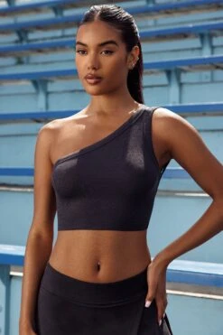 Rise - Soft Rib Open Back One Shoulder Crop Top In Washed Black