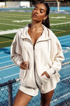 Evolution - Oversized Split Zip Hooded Jacket In Marled Oat