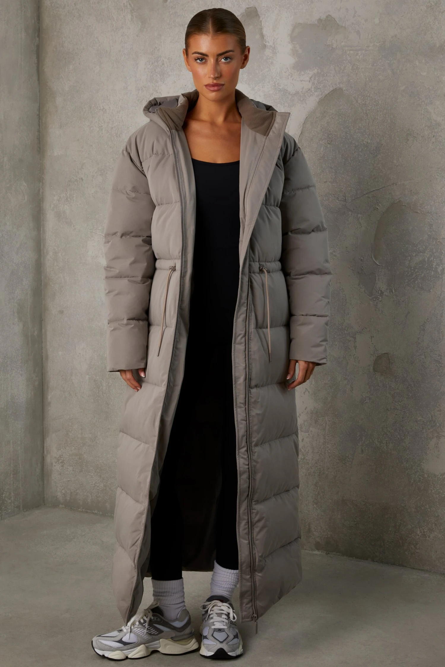 Warmth - Full Length Hooded Puffer Coat In Warm Grey - Image 9