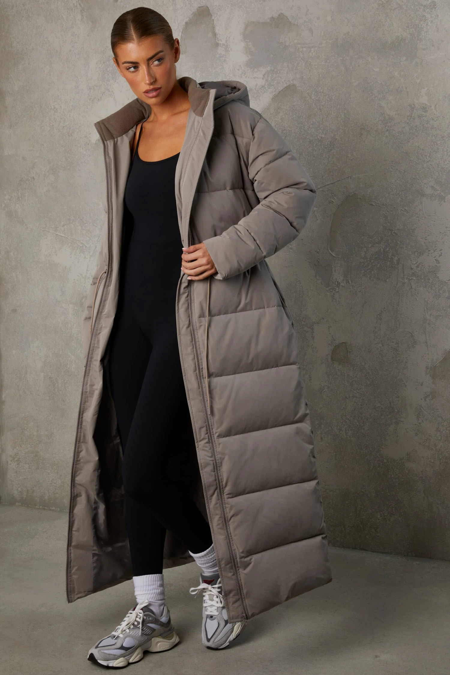 Warmth - Full Length Hooded Puffer Coat In Warm Grey - Image 5