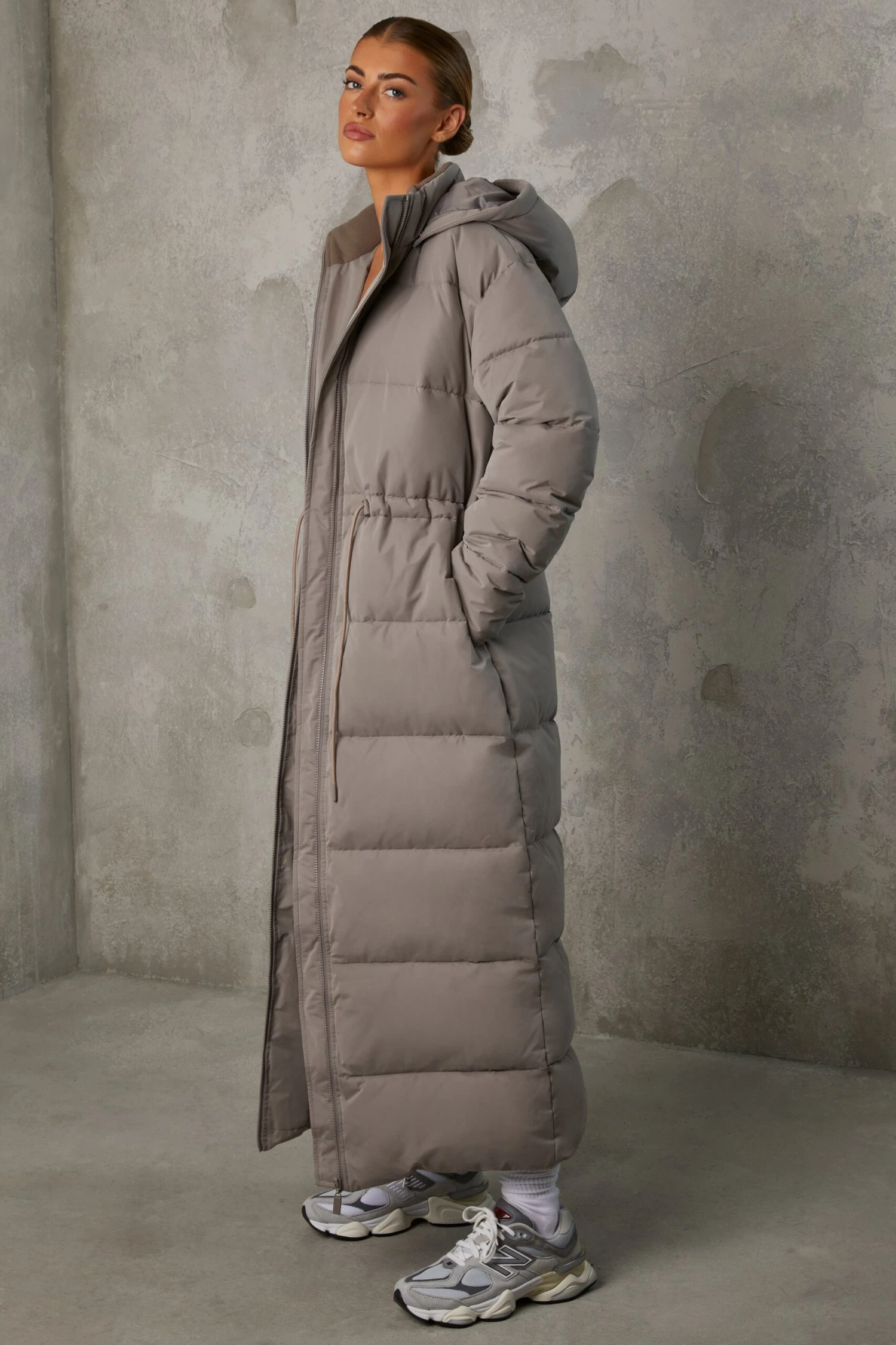 Warmth - Full Length Hooded Puffer Coat In Warm Grey - Image 3