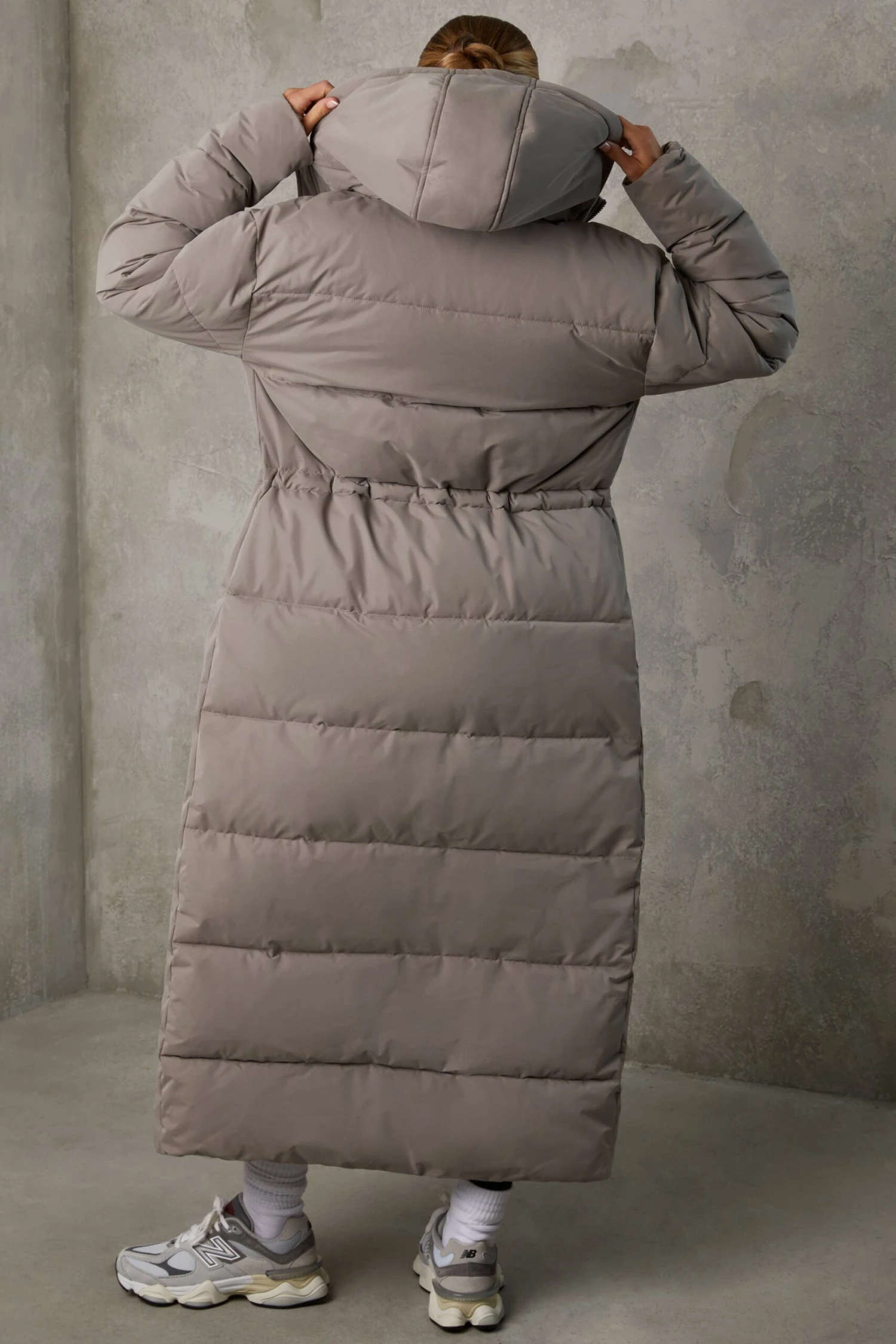 Warmth - Full Length Hooded Puffer Coat In Warm Grey - Image 2