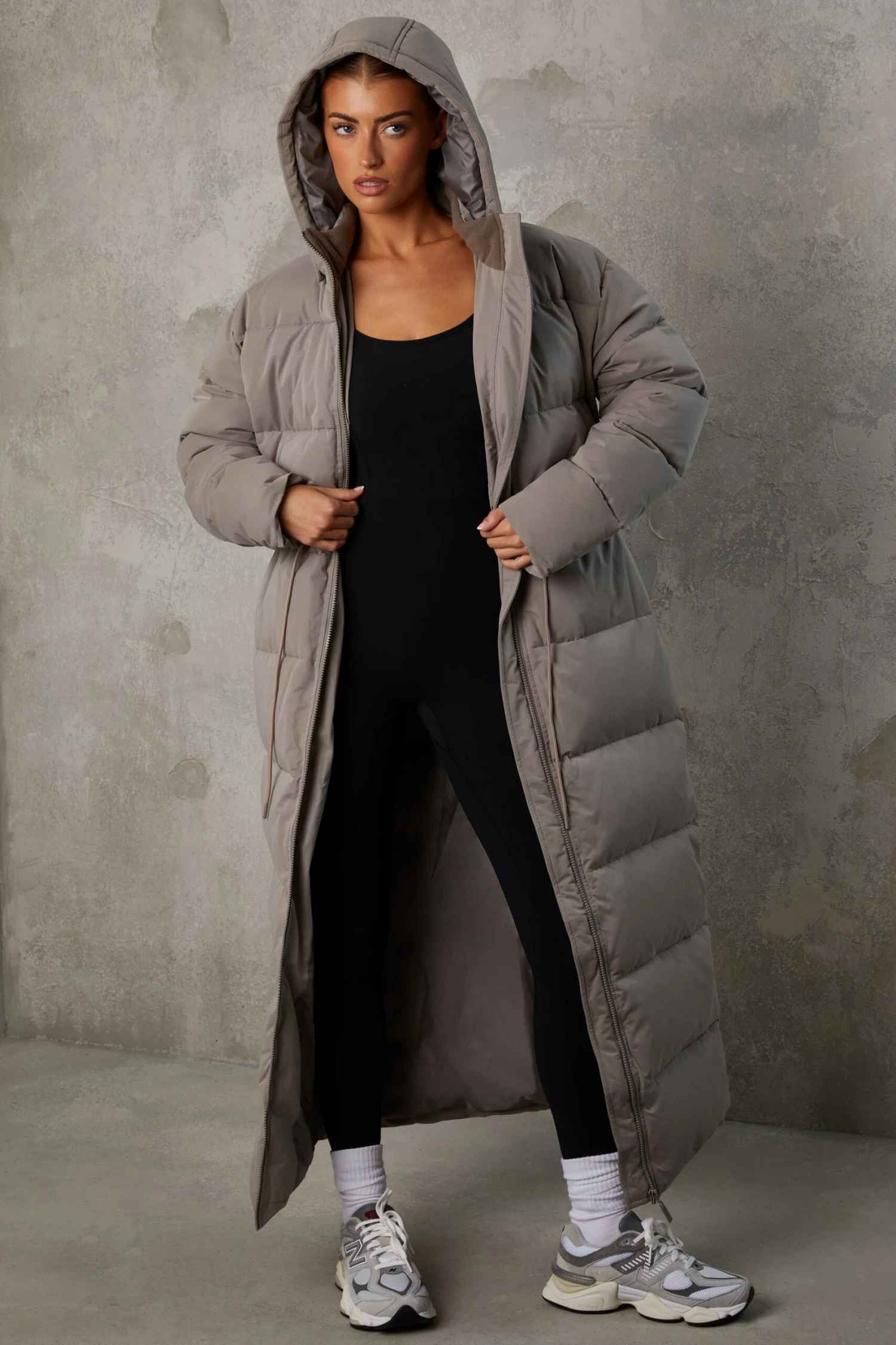 Warmth - Full Length Hooded Puffer Coat In Warm Grey - Image 6