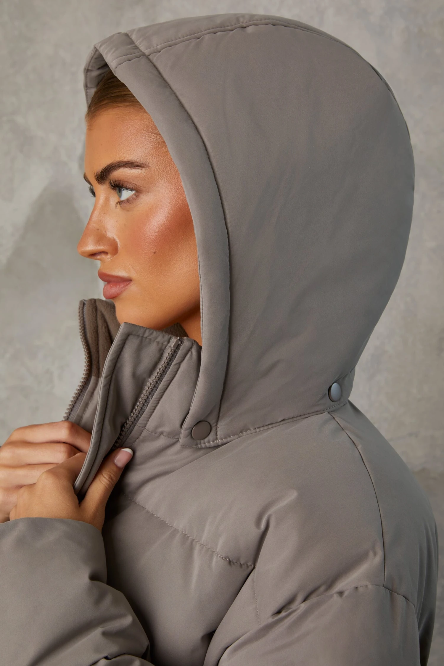Warmth - Full Length Hooded Puffer Coat In Warm Grey - Image 7