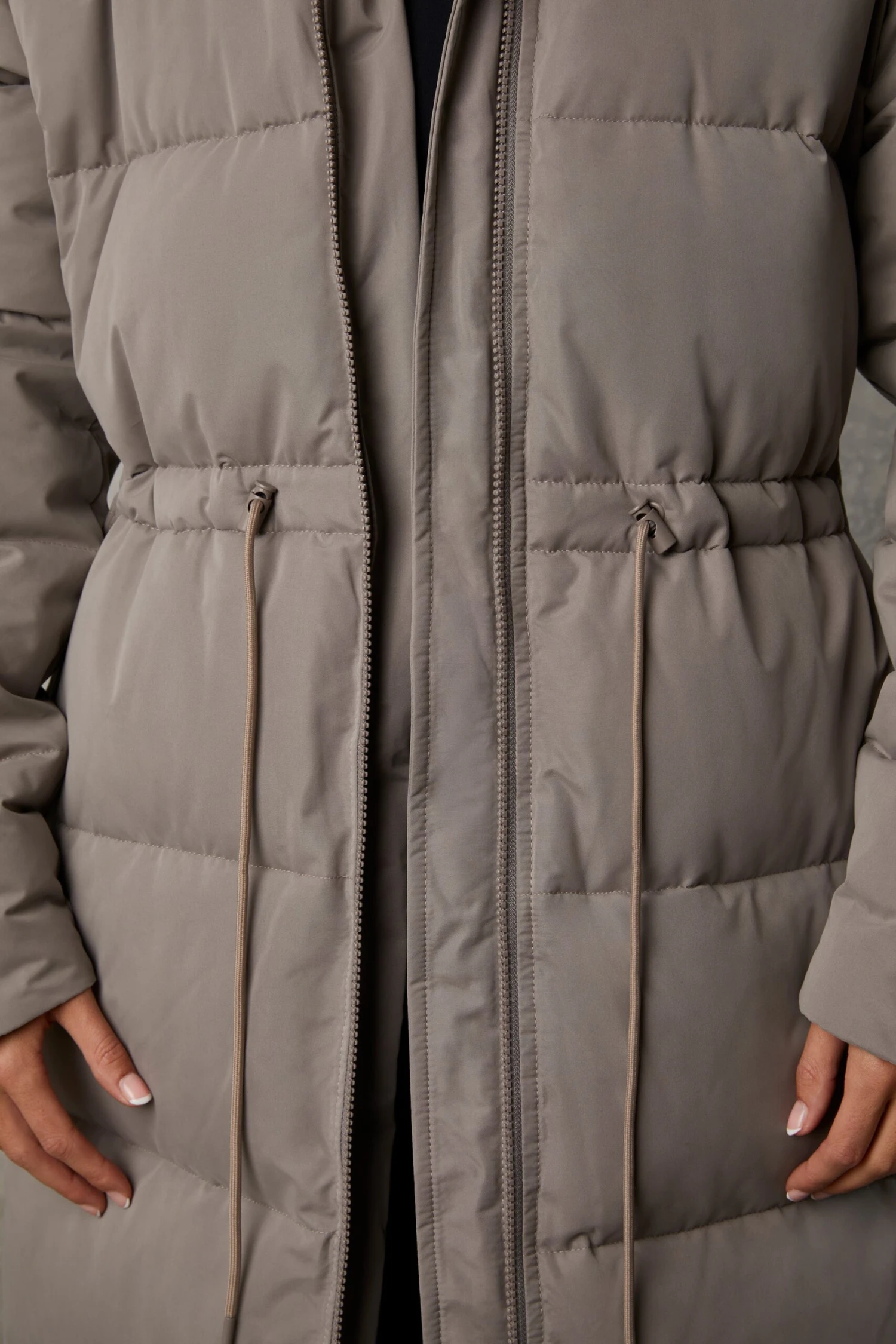 Warmth - Full Length Hooded Puffer Coat In Warm Grey - Image 8