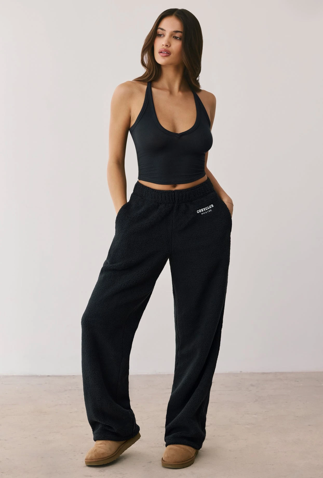 Laze - Petite Fleece Wide Leg Joggers In Onyx - Image 6