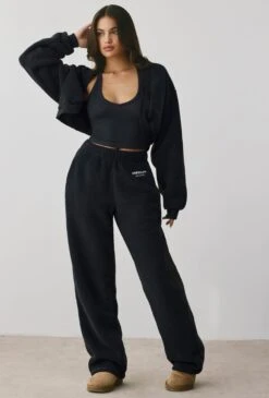 Laze - Petite Fleece Wide Leg Joggers In Onyx