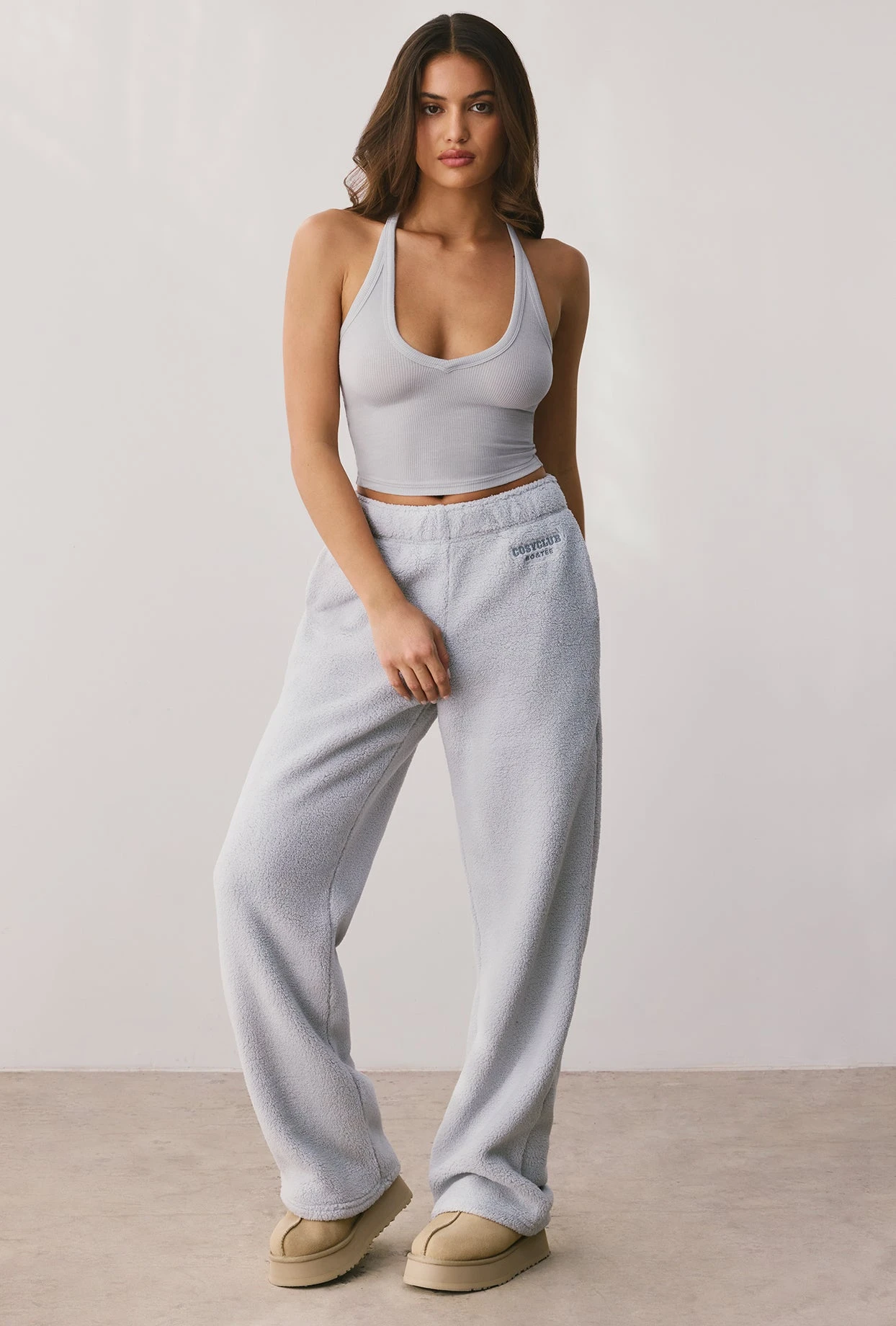 Laze - Petite Fleece Wide Leg Joggers In Fog - Image 5
