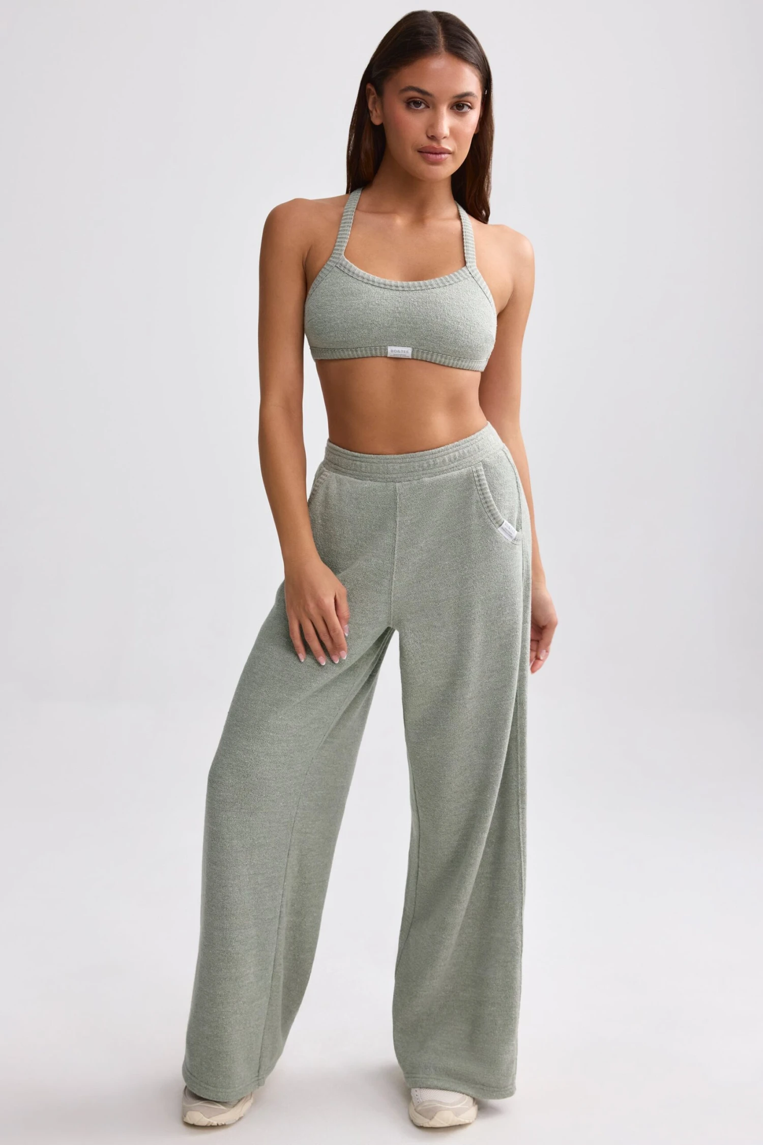 Petite Terry Towelling Wide-Leg Joggers In Sage Grey - Image 6