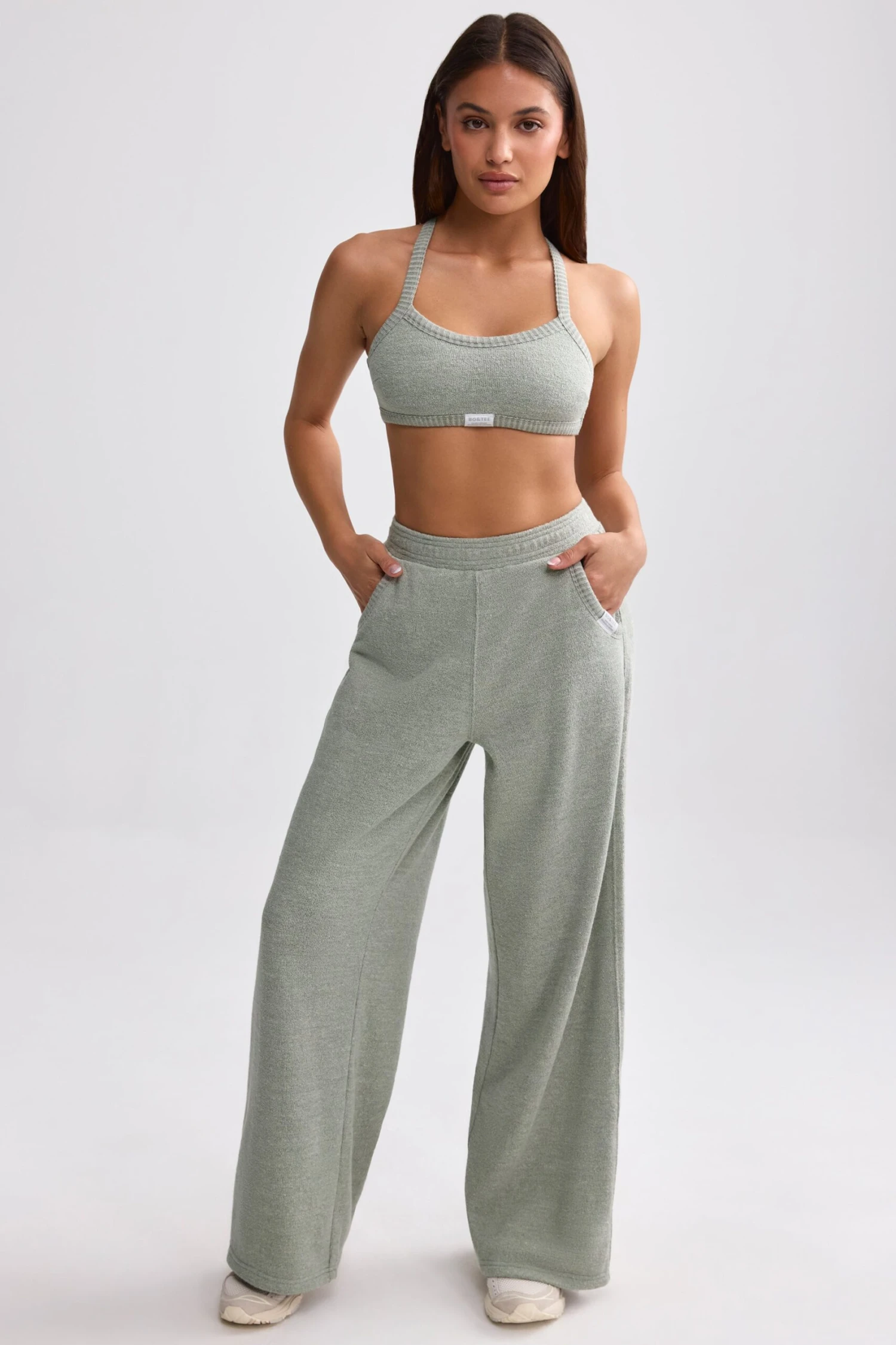 Petite Terry Towelling Wide-Leg Joggers In Sage Grey - Image 5
