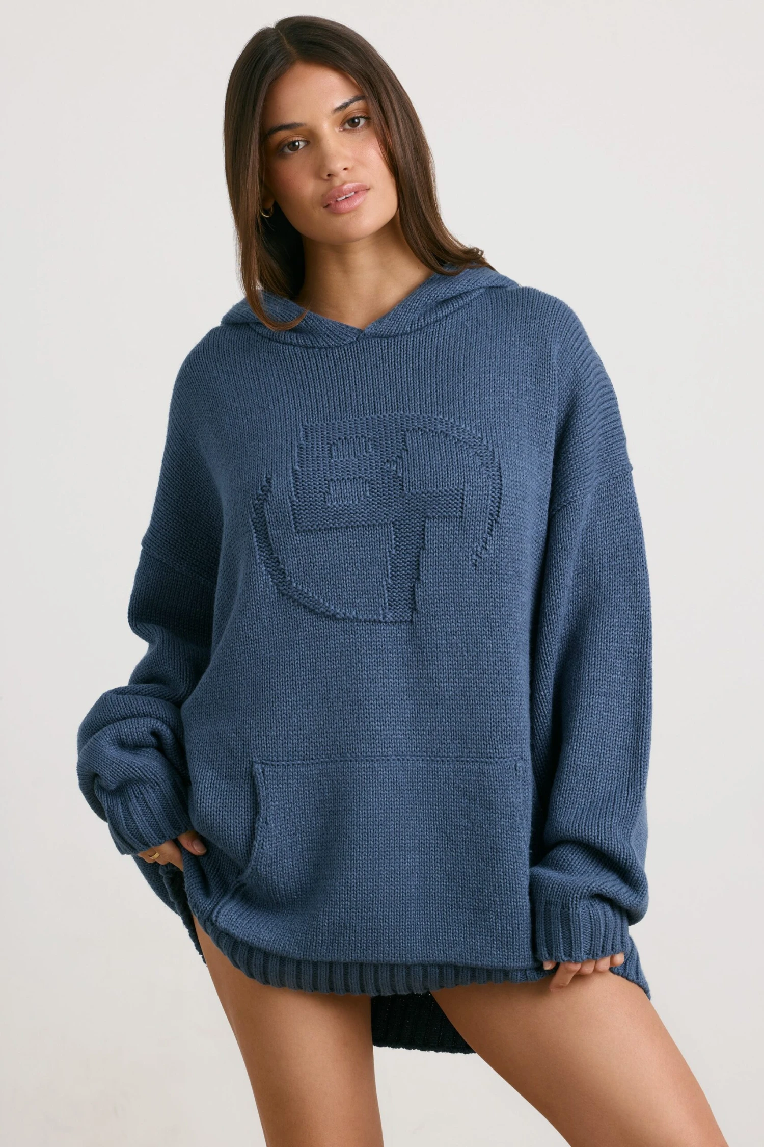 Boyfriend - Oversized Chunky Knit Hoodie In Washed Navy - Image 9