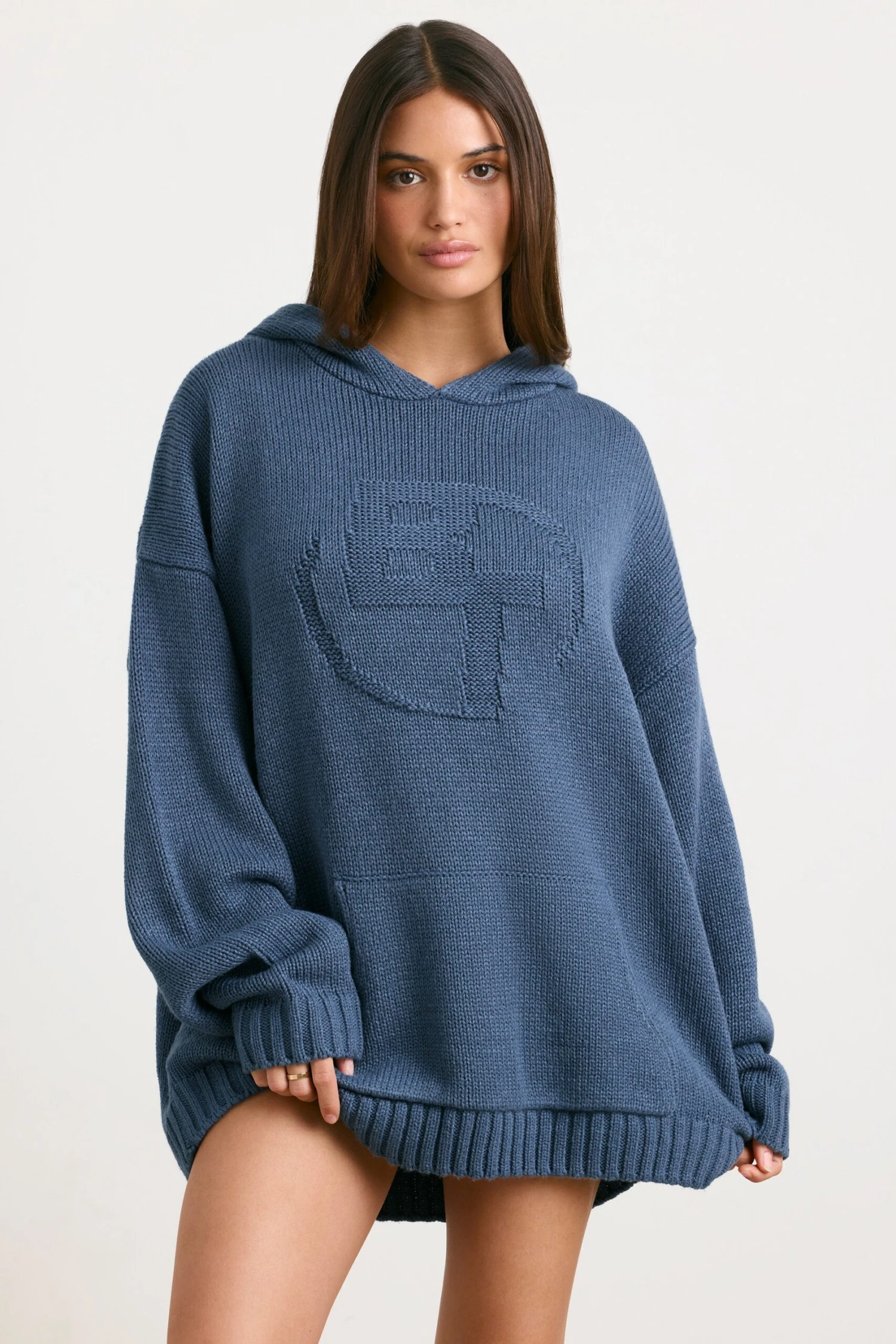Boyfriend - Oversized Chunky Knit Hoodie In Washed Navy - Image 5