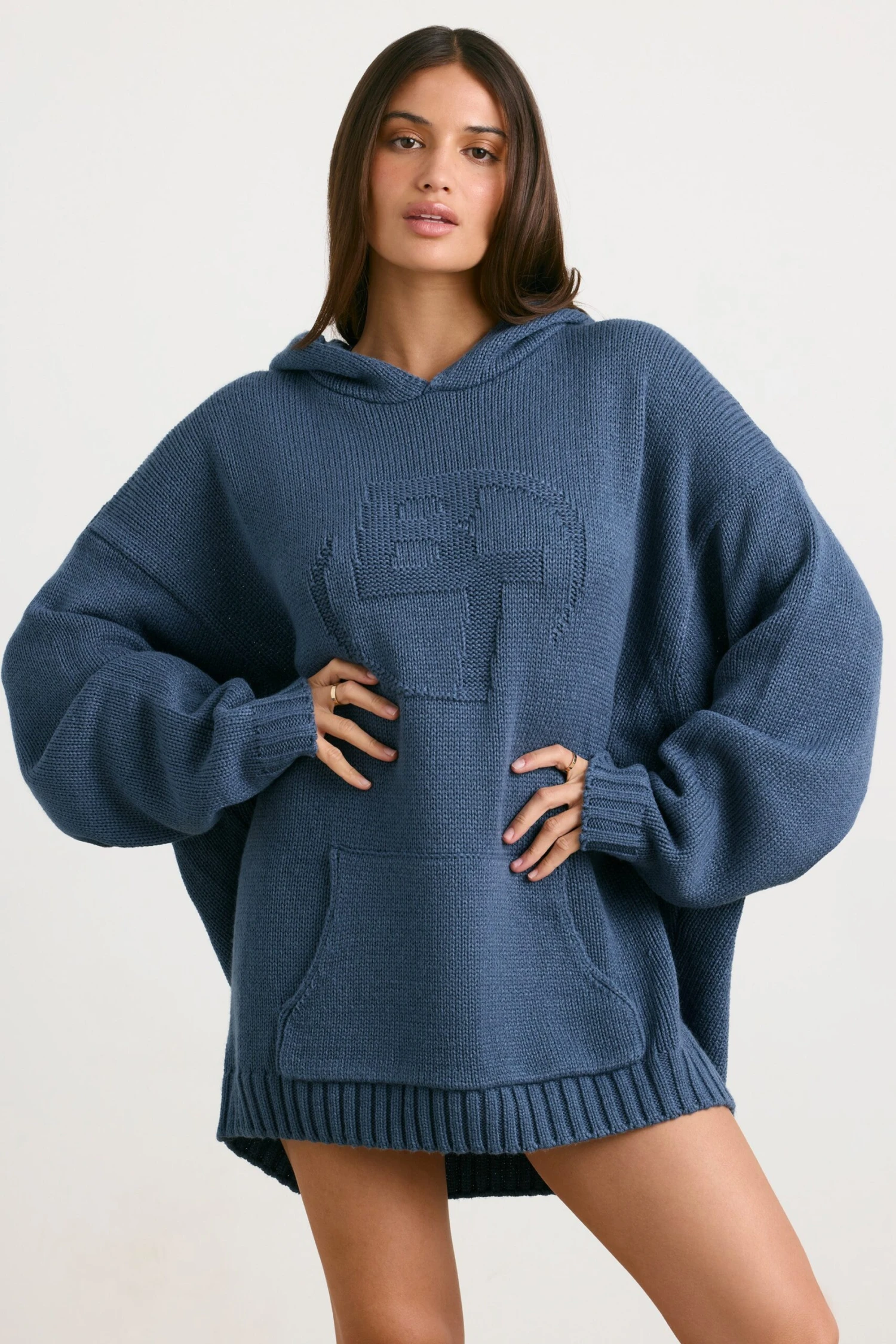 Boyfriend - Oversized Chunky Knit Hoodie In Washed Navy - Image 8