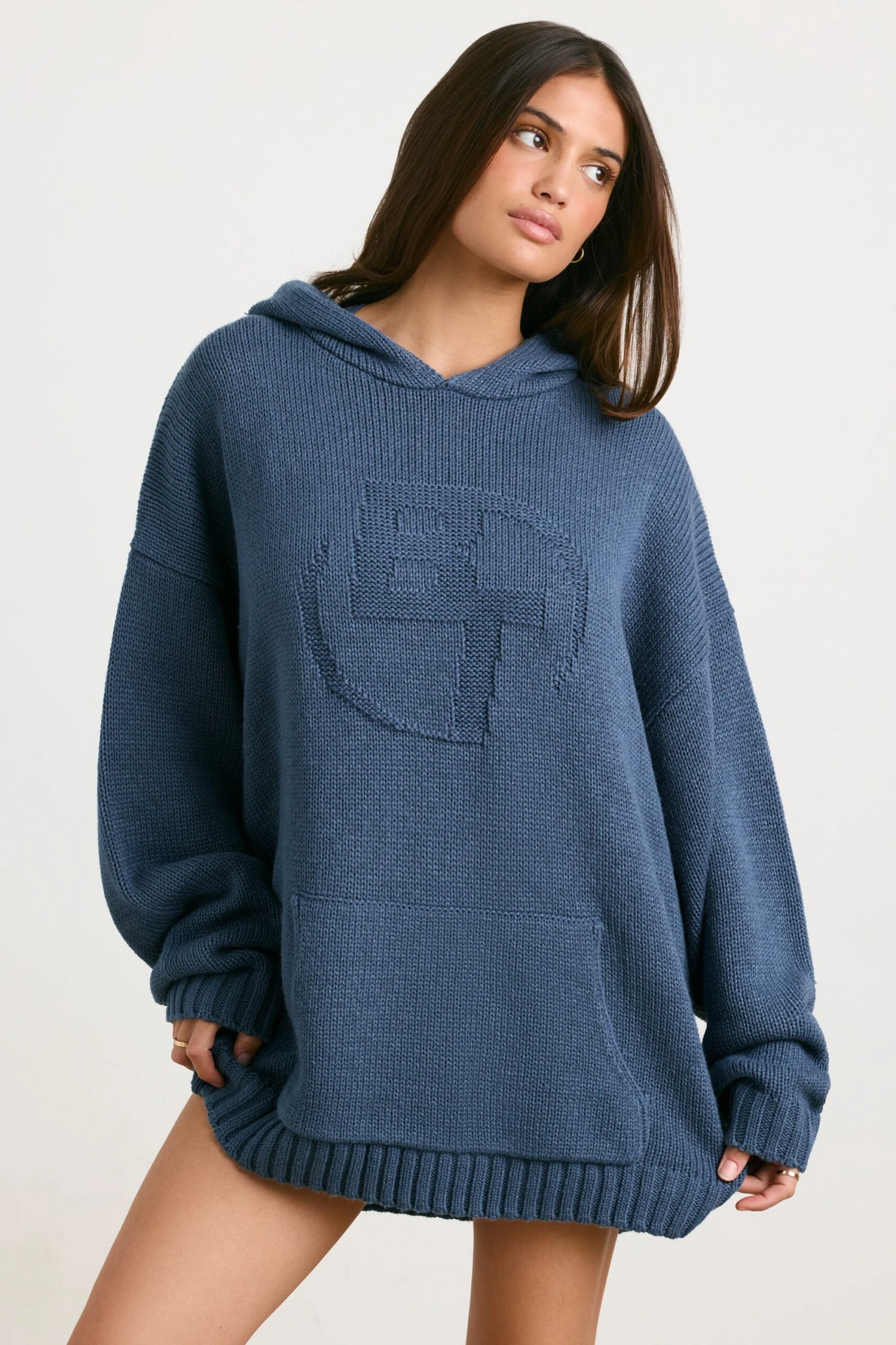 Boyfriend - Oversized Chunky Knit Hoodie In Washed Navy