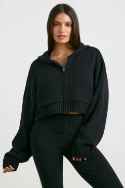 True - Cropped Zip Up Chunky Knit Hoodie In Black