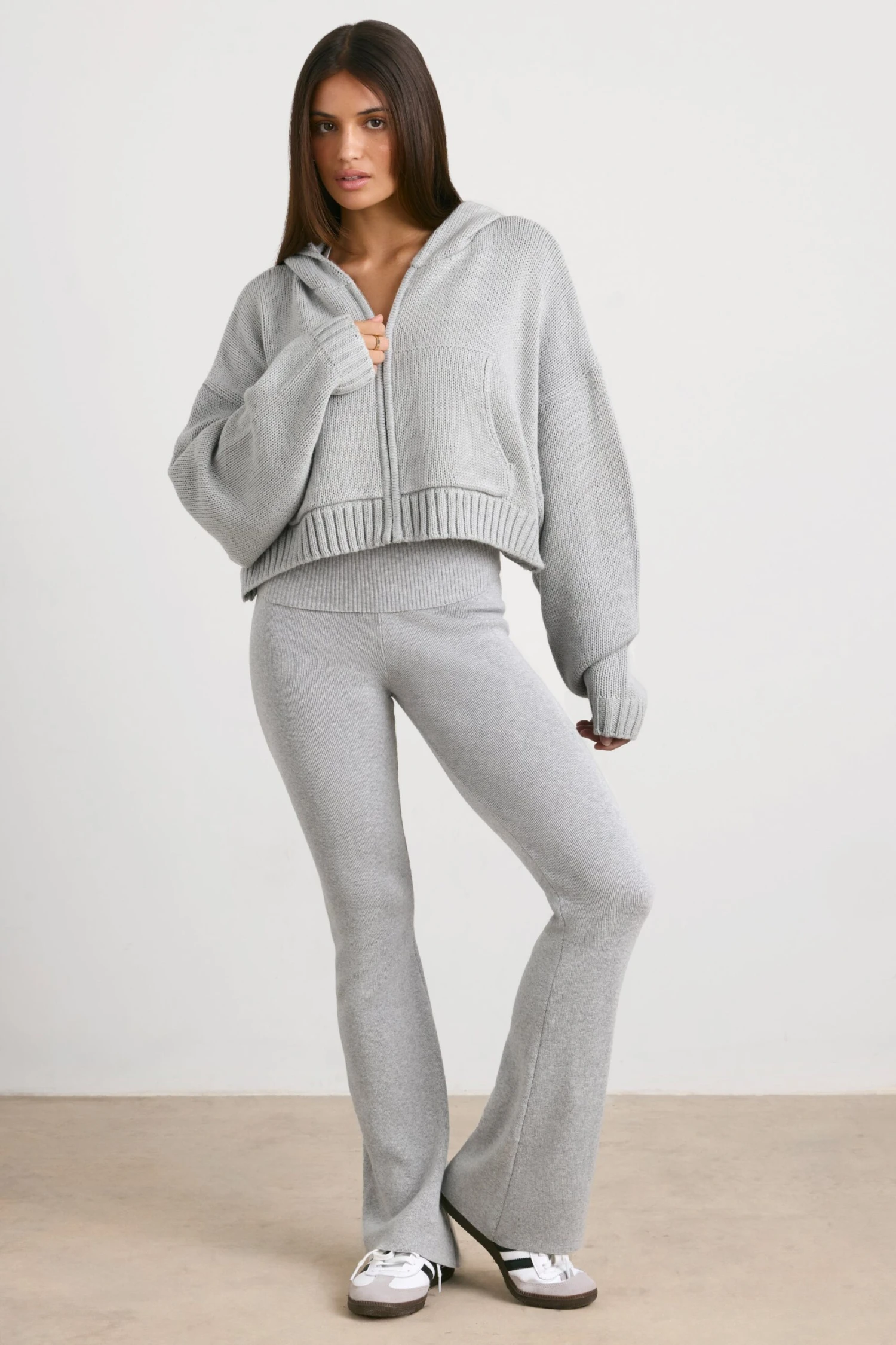 True - Cropped Zip Up Chunky Knit Hoodie In Heather Grey - Image 8