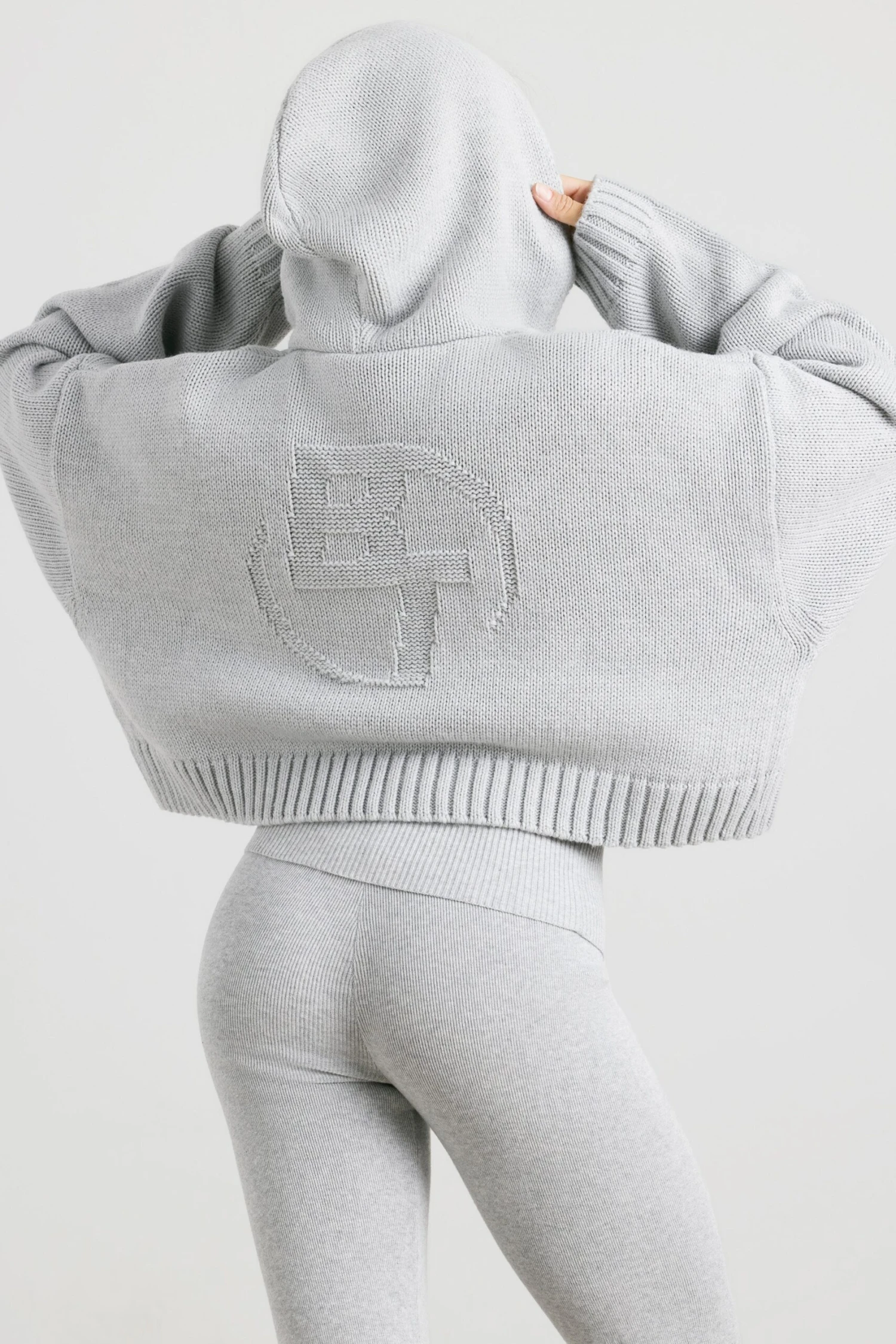 True - Cropped Zip Up Chunky Knit Hoodie In Heather Grey - Image 10