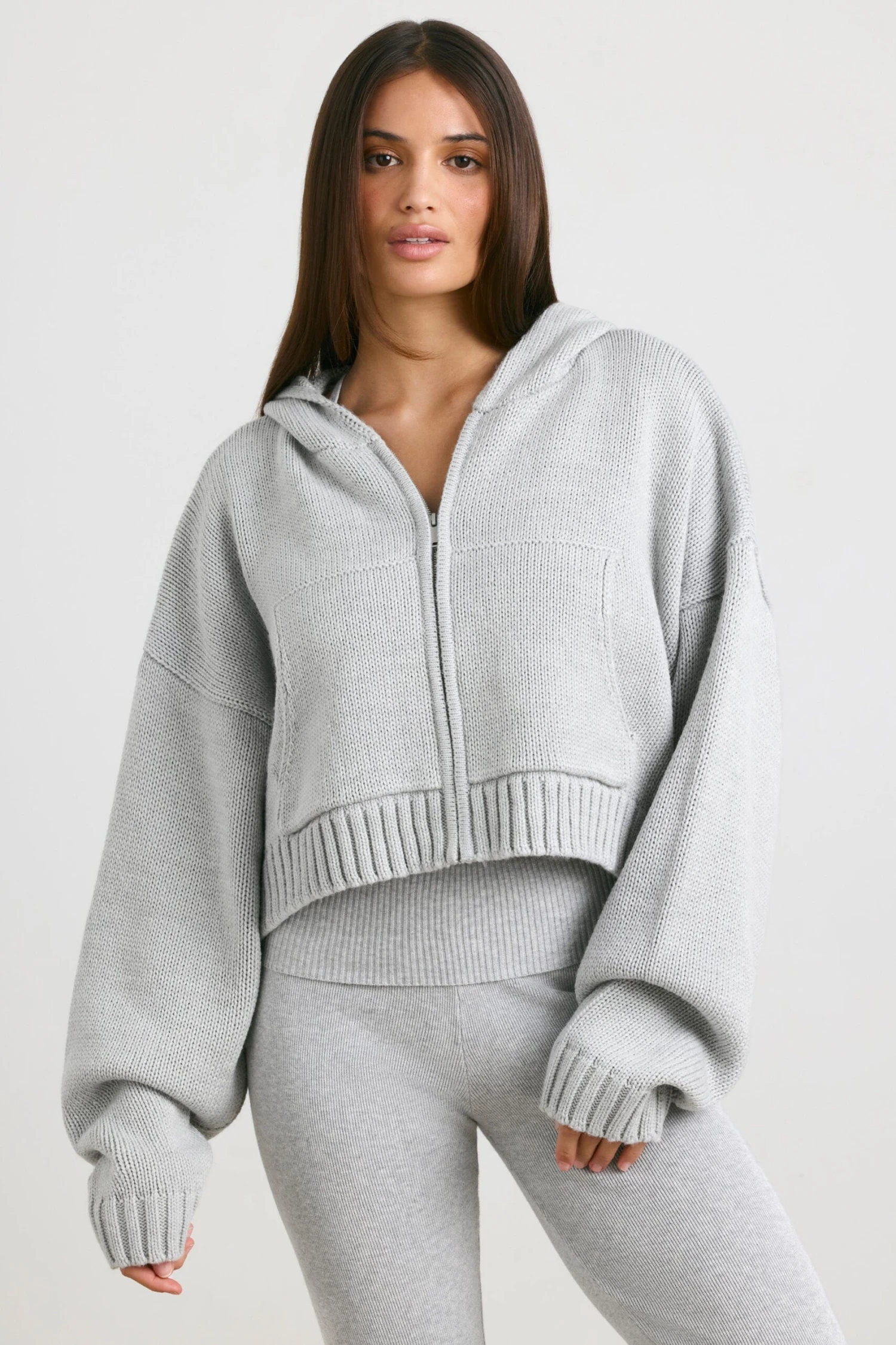 True - Cropped Zip Up Chunky Knit Hoodie In Heather Grey
