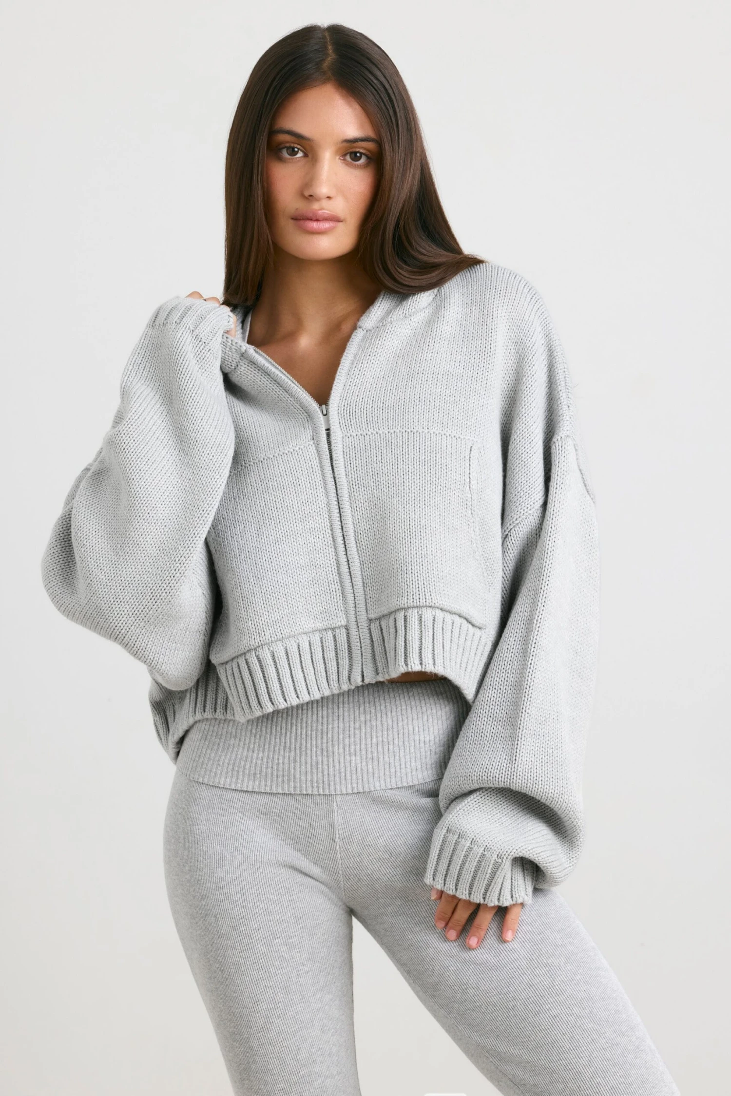 True - Cropped Zip Up Chunky Knit Hoodie In Heather Grey - Image 6