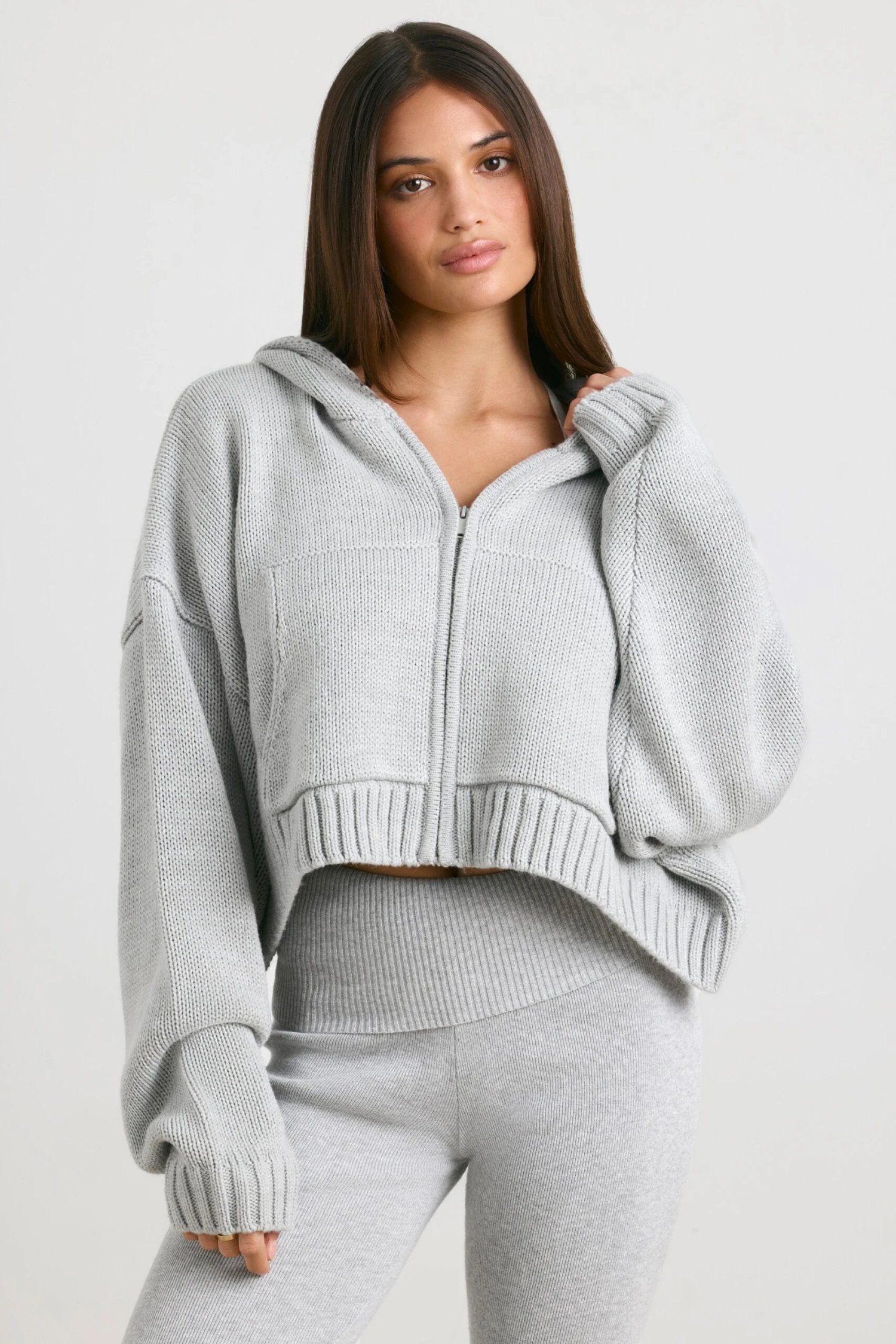 True - Cropped Zip Up Chunky Knit Hoodie In Heather Grey - Image 7