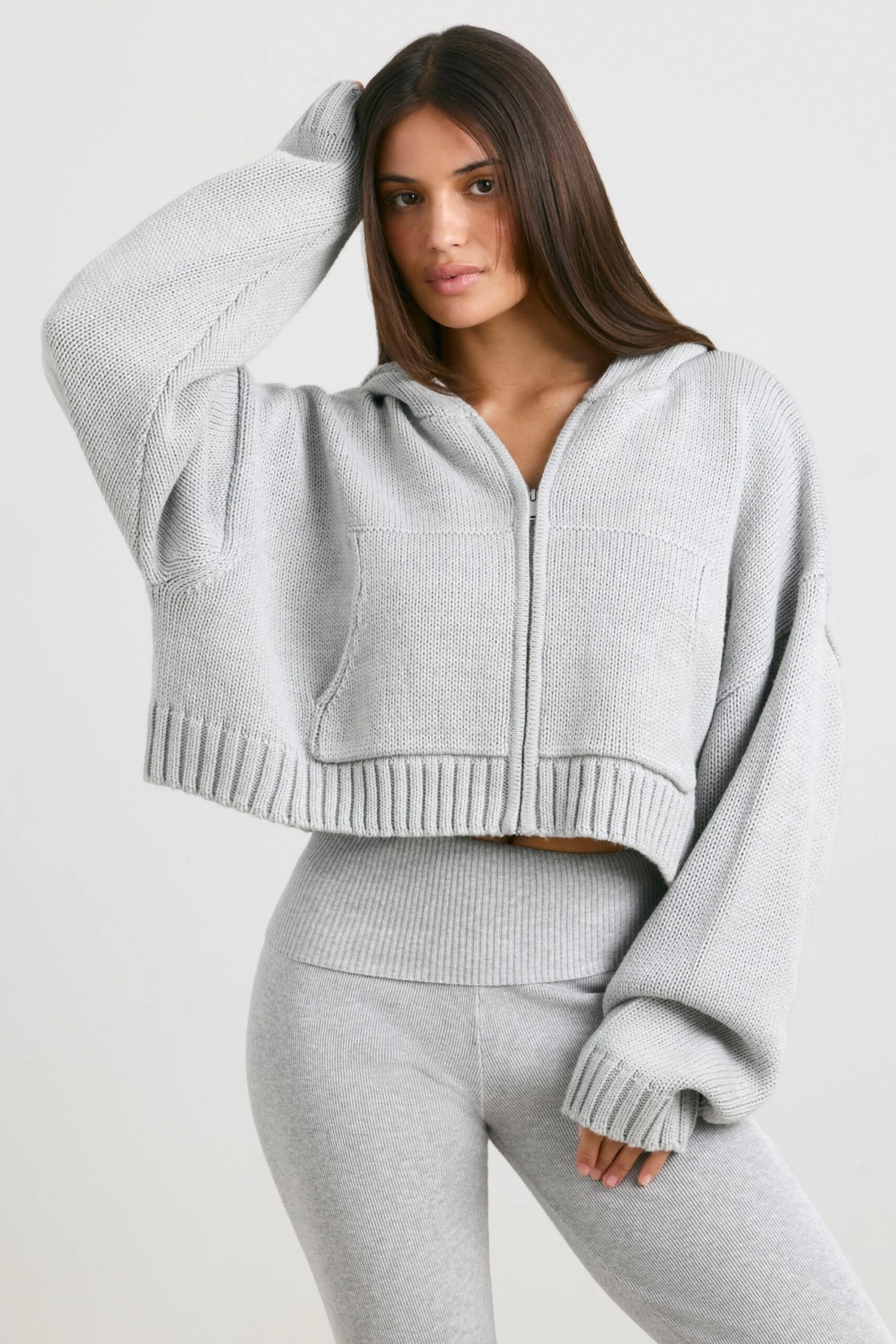 True - Cropped Zip Up Chunky Knit Hoodie In Heather Grey - Image 5