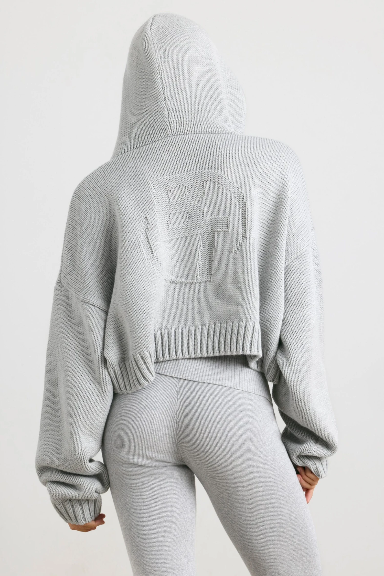 True - Cropped Zip Up Chunky Knit Hoodie In Heather Grey - Image 3