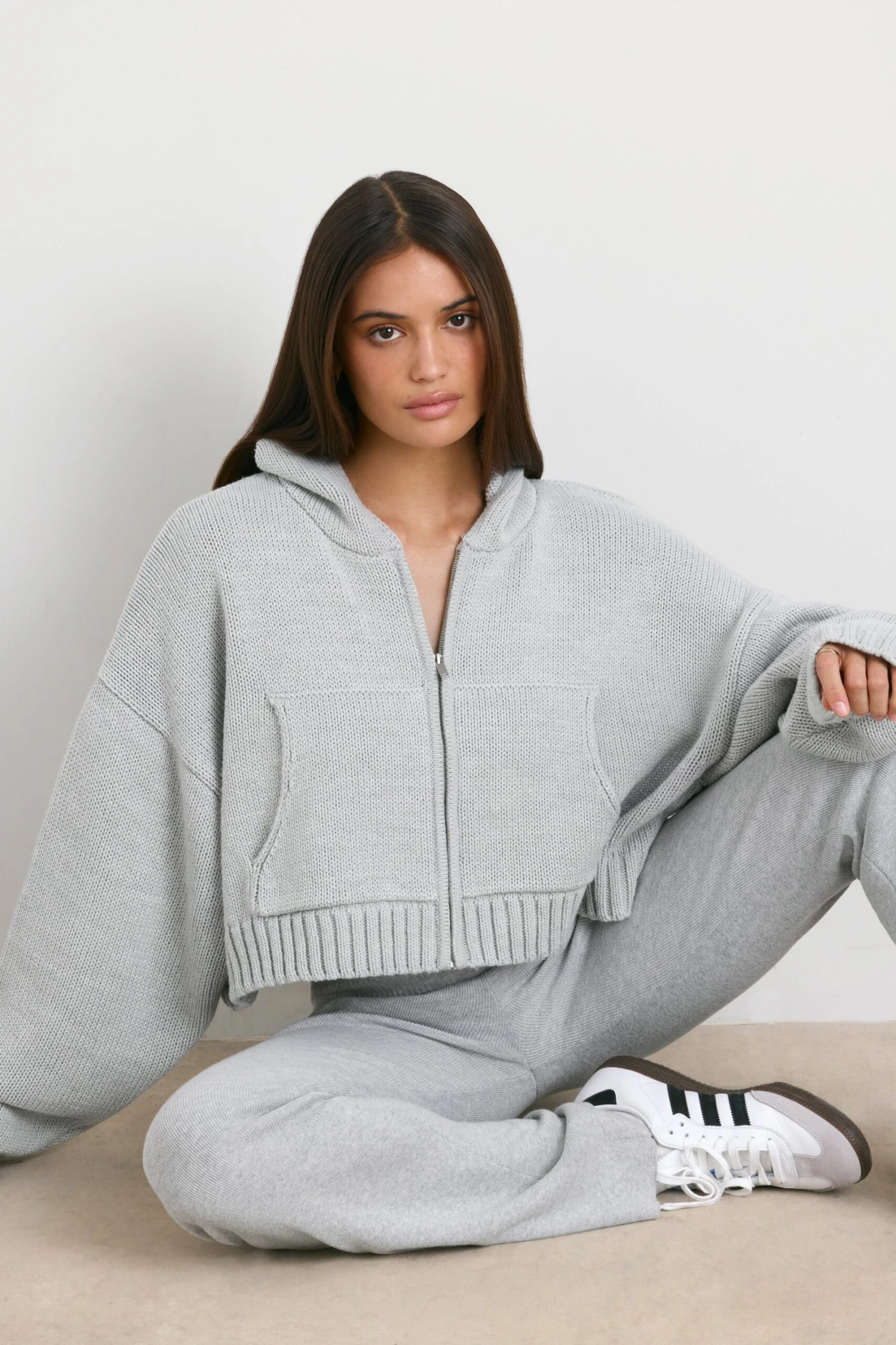True - Cropped Zip Up Chunky Knit Hoodie In Heather Grey - Image 9