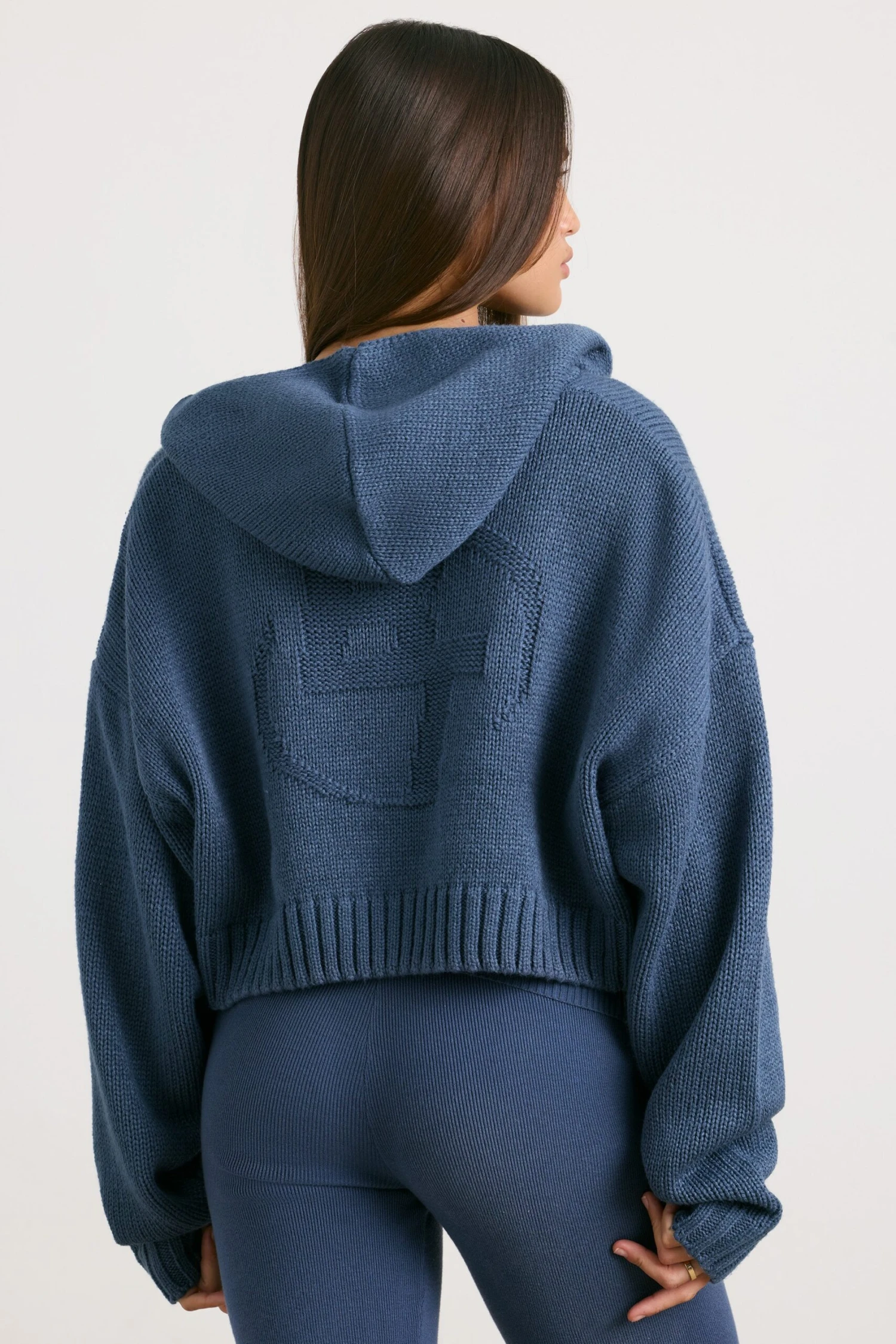 True - Cropped Zip Up Chunky Knit Hoodie In Washed Navy - Image 9