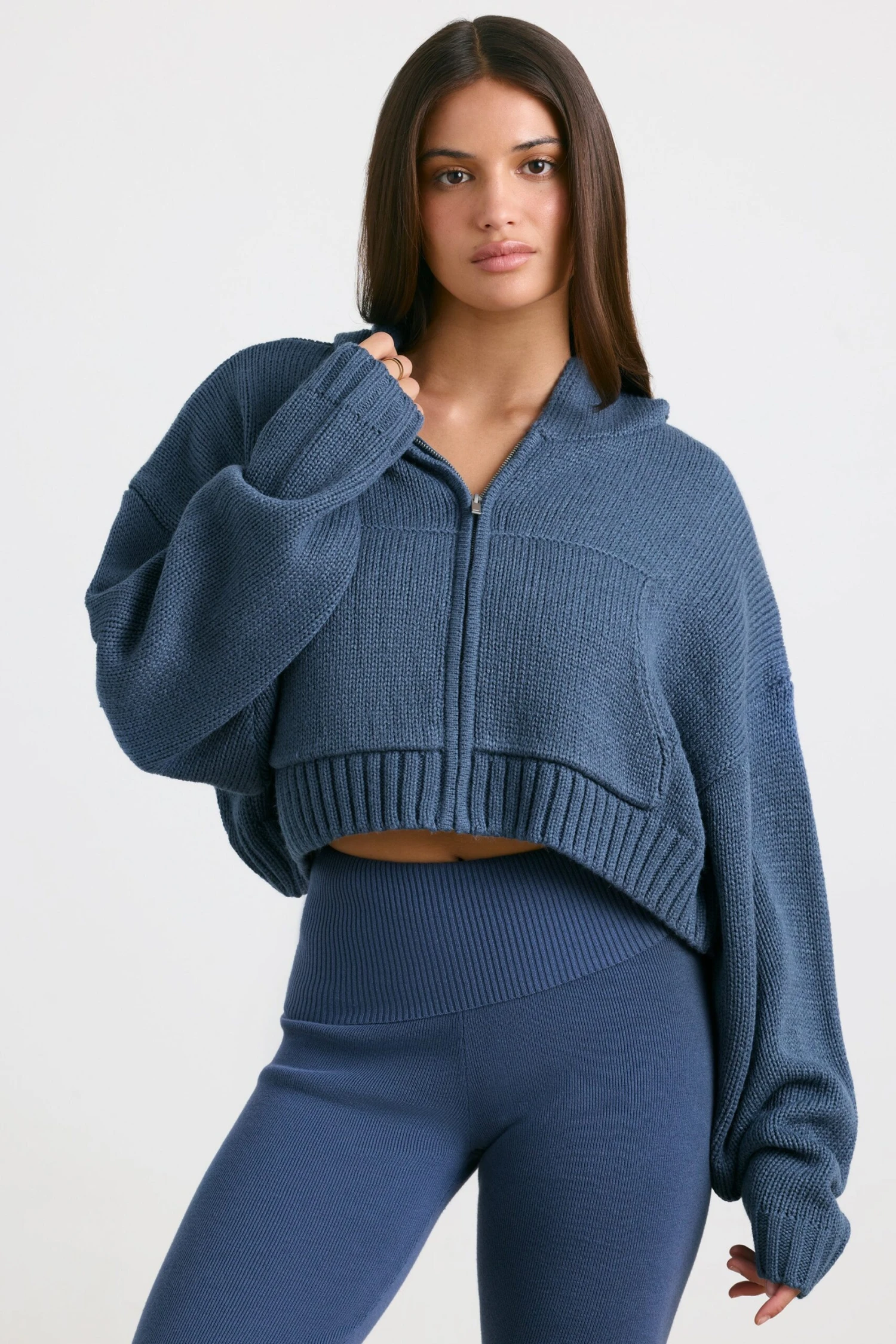 True - Cropped Zip Up Chunky Knit Hoodie In Washed Navy - Image 5