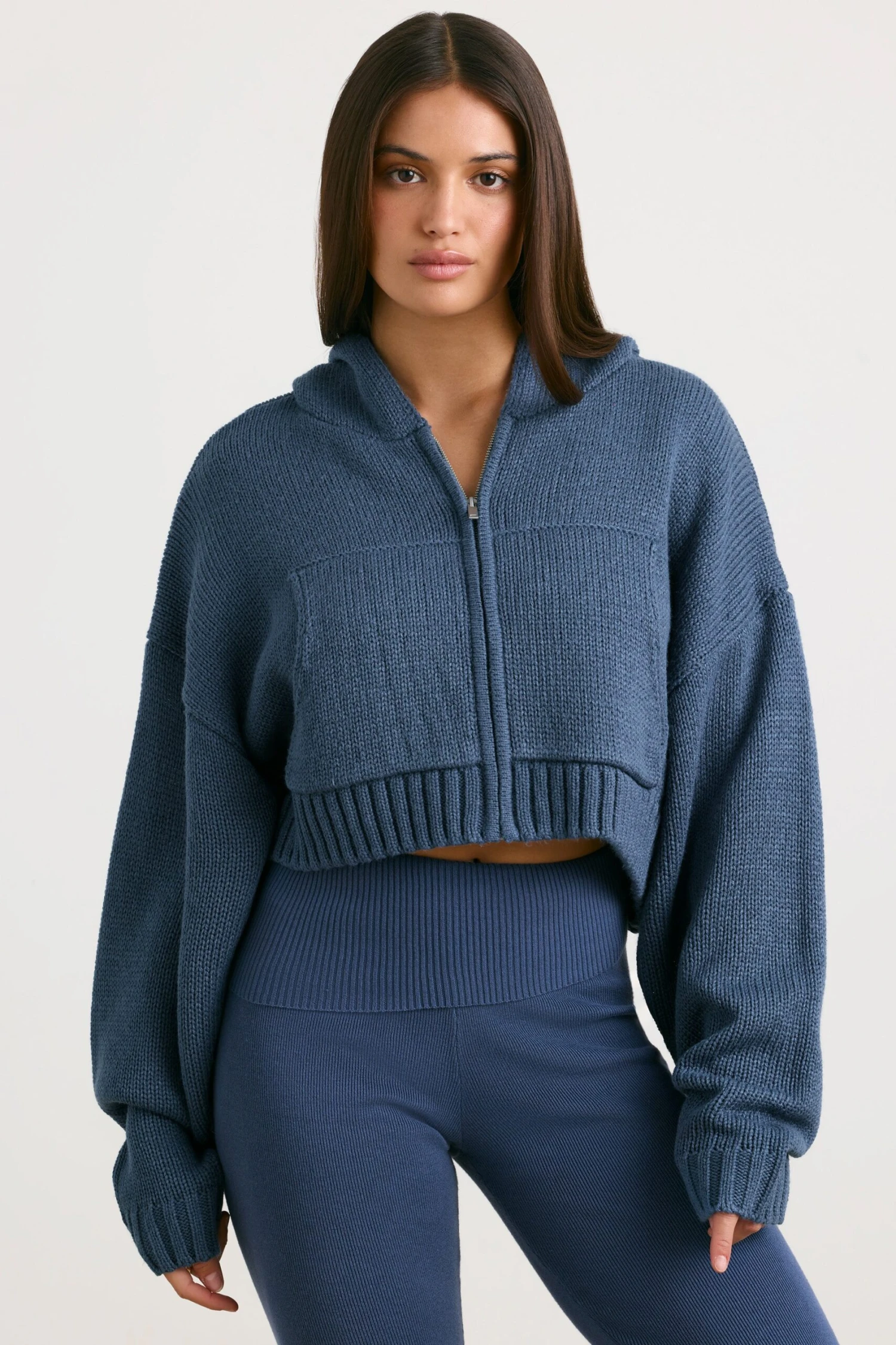 True - Cropped Zip Up Chunky Knit Hoodie In Washed Navy - Image 6
