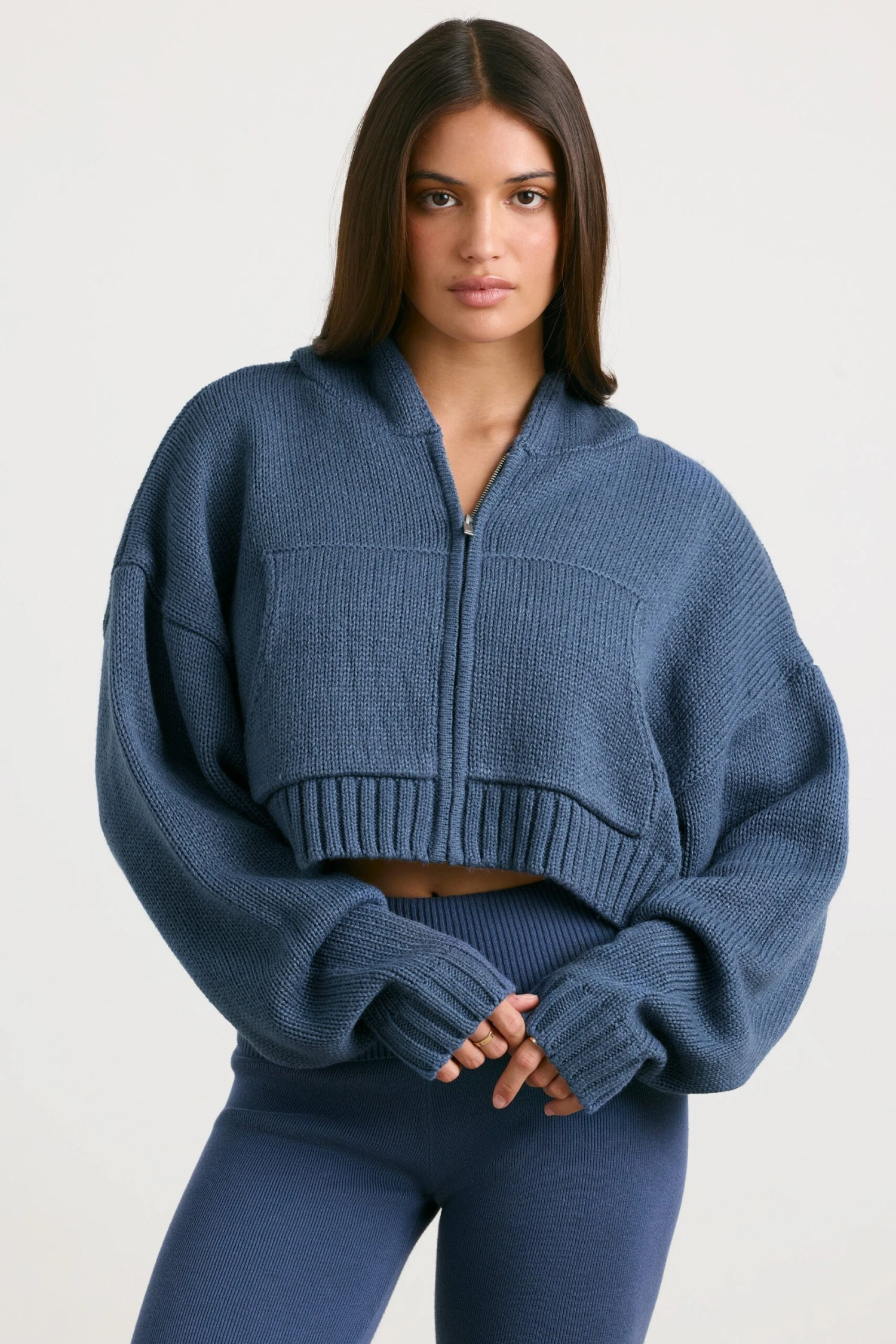 True - Cropped Zip Up Chunky Knit Hoodie In Washed Navy - Image 7