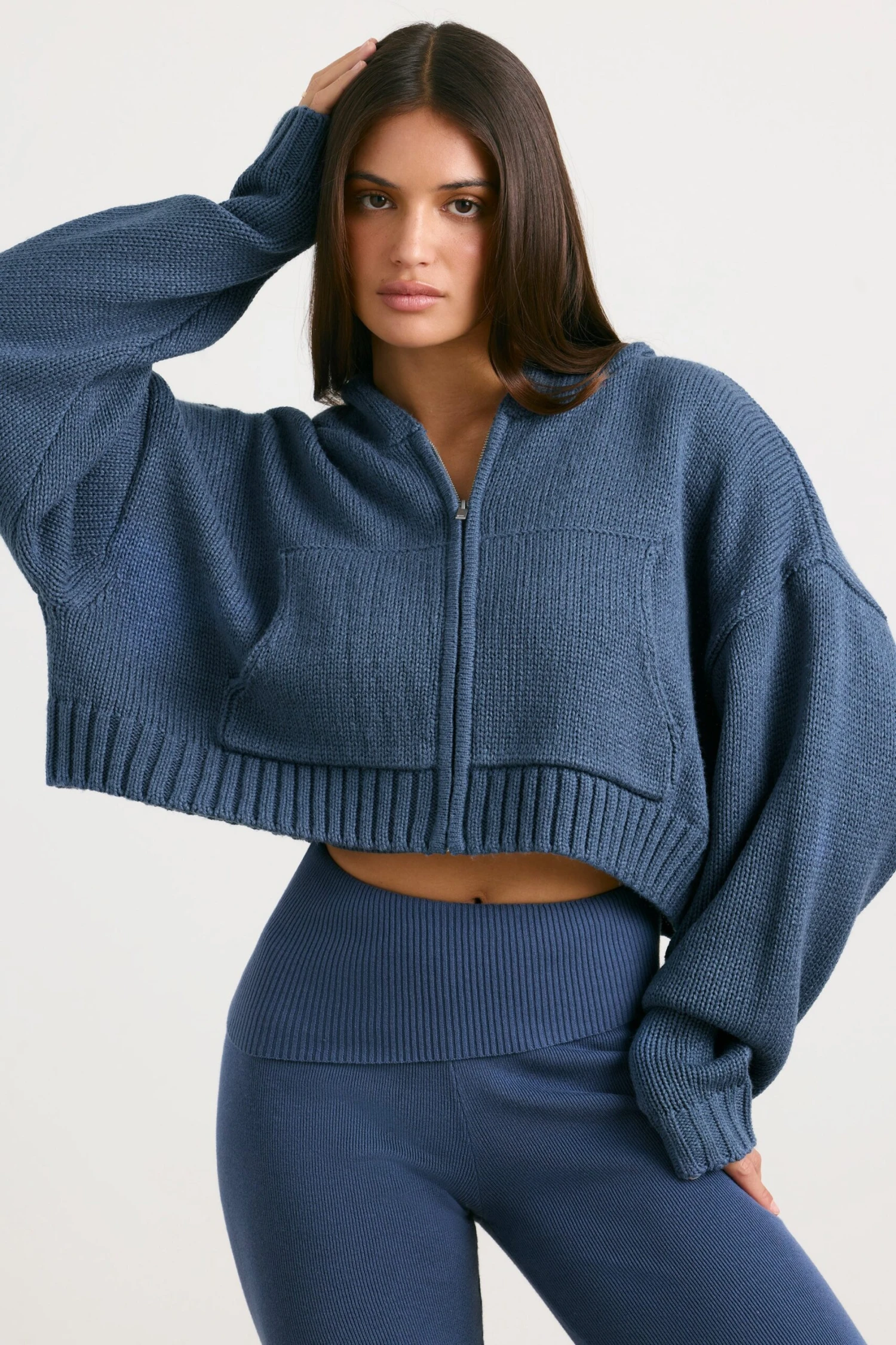 True - Cropped Zip Up Chunky Knit Hoodie In Washed Navy - Image 8