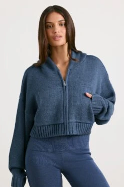 True - Cropped Zip Up Chunky Knit Hoodie In Washed Navy